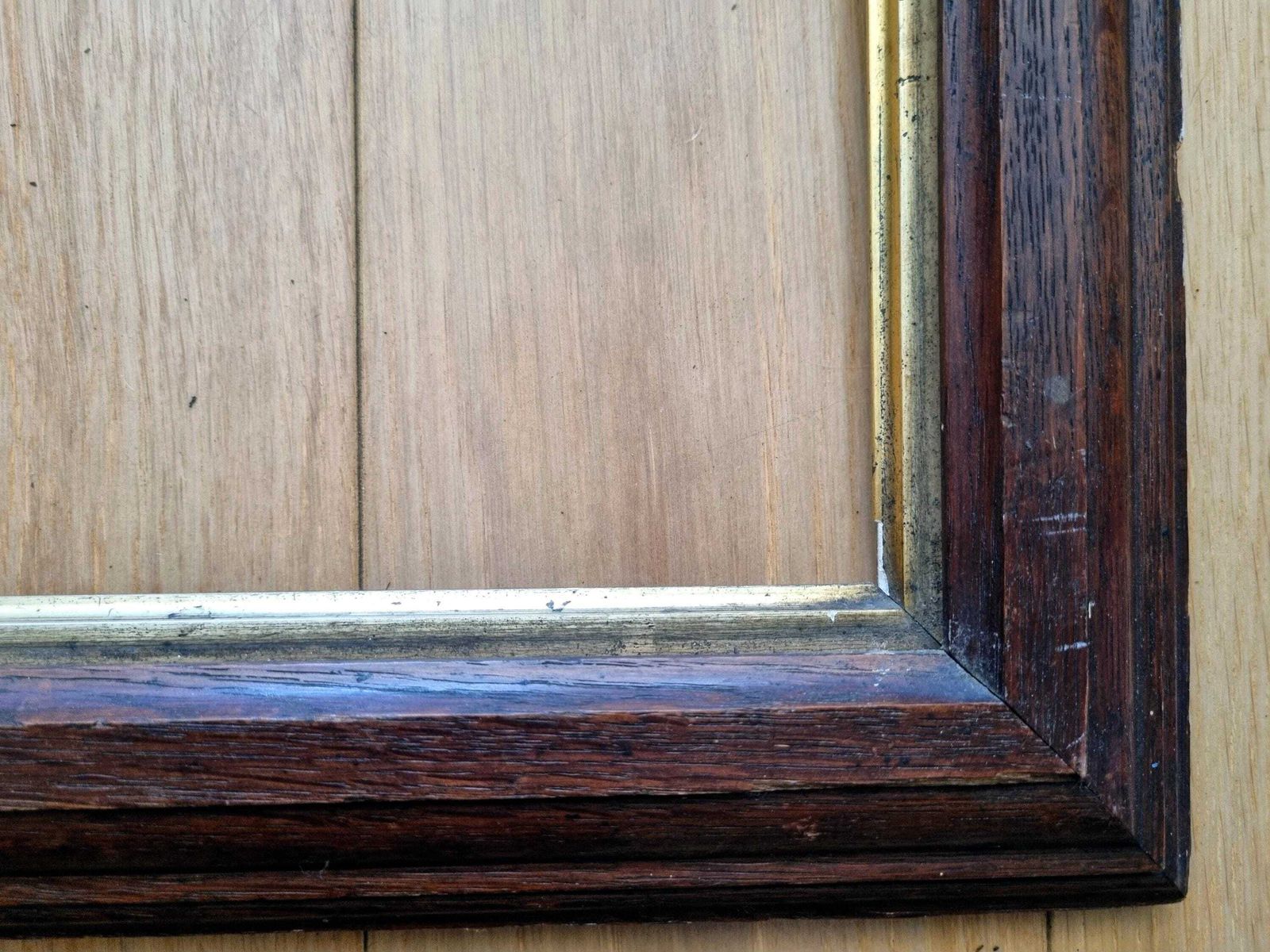 Large English Antique Oak Wood Painting Frame With Gilt Insert, Original Fixture Hardware photo for sale