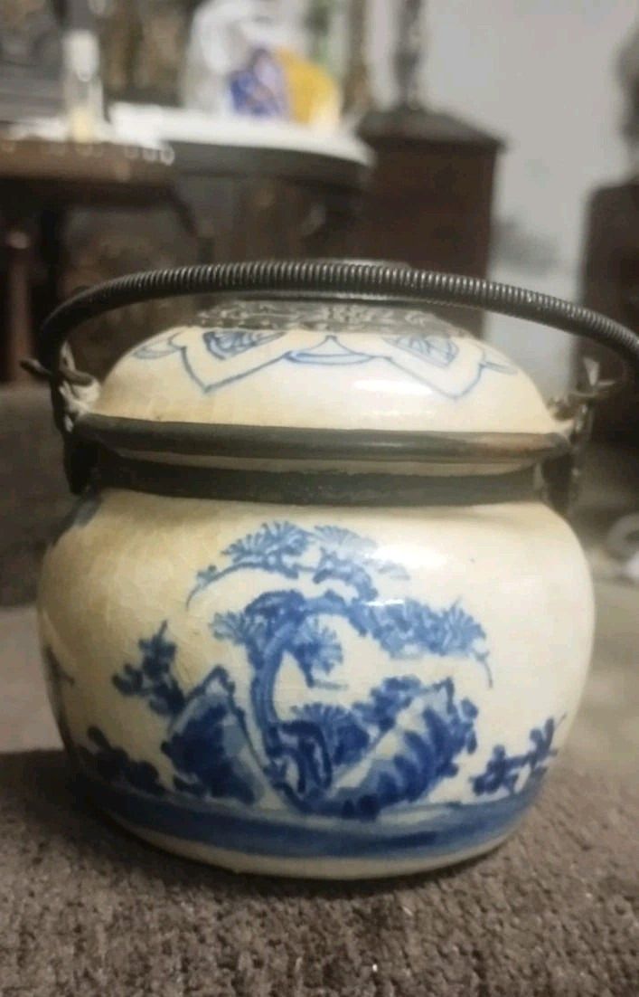Ceramic Vase Blue Paintings Asia China Antique Porcelain 19th Century Opium Pipe photo furniture