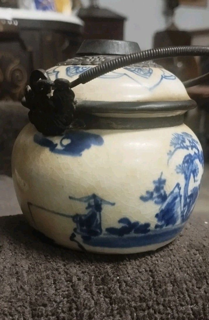 Ceramic Vase Blue Paintings Asia China Antique Porcelain 19th Century Opium Pipe photo vinterior