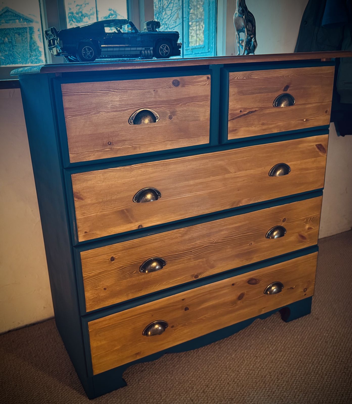 Beautiful Restored Blue Chest Of Drawers With Wood Accents. photo vinterior