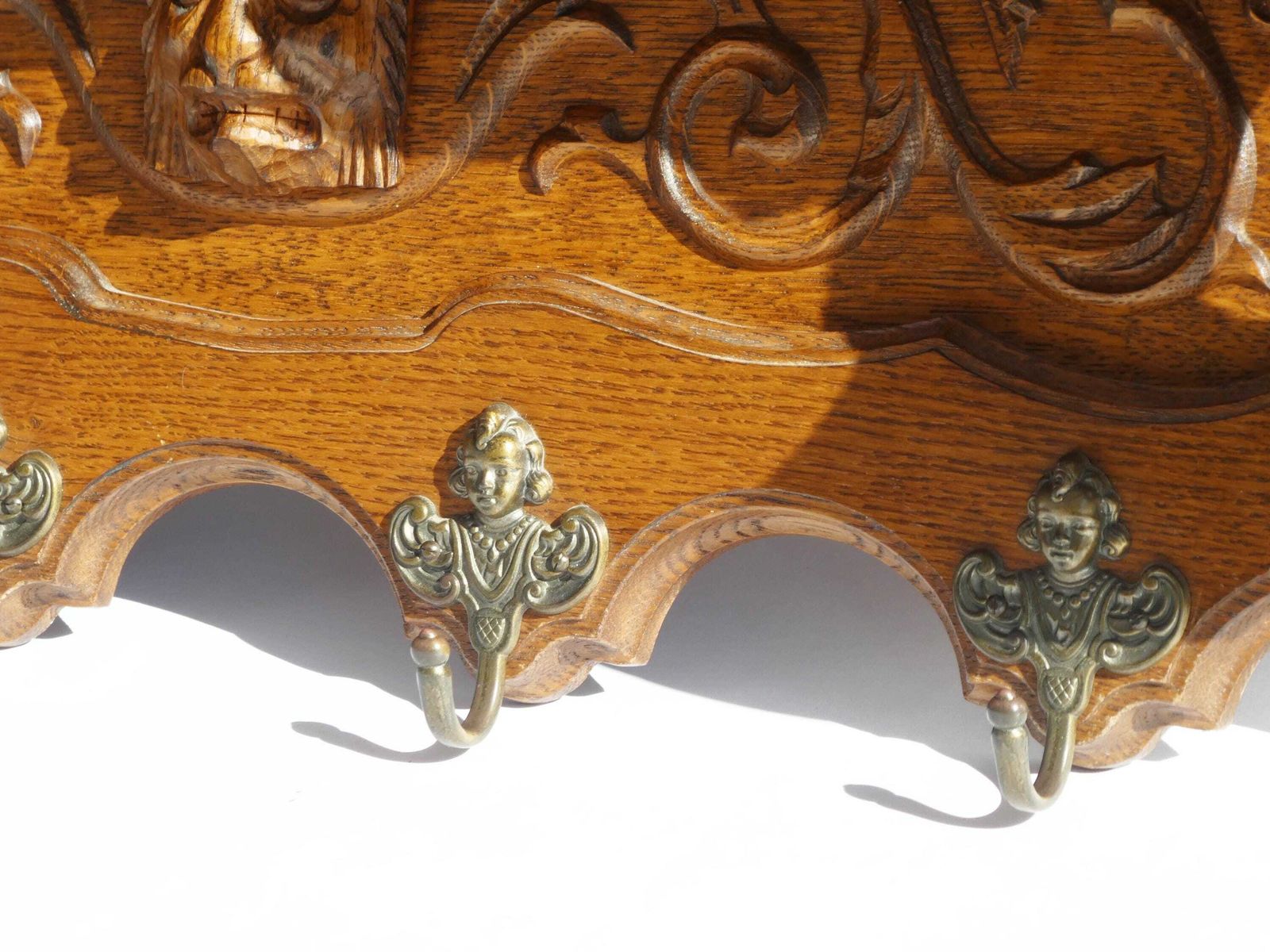 Antique Carved Wood Wall Shelf With Brass Angel Hooks, Oak Coat Rack With Lions Head, French Rustic Decor photo furniture