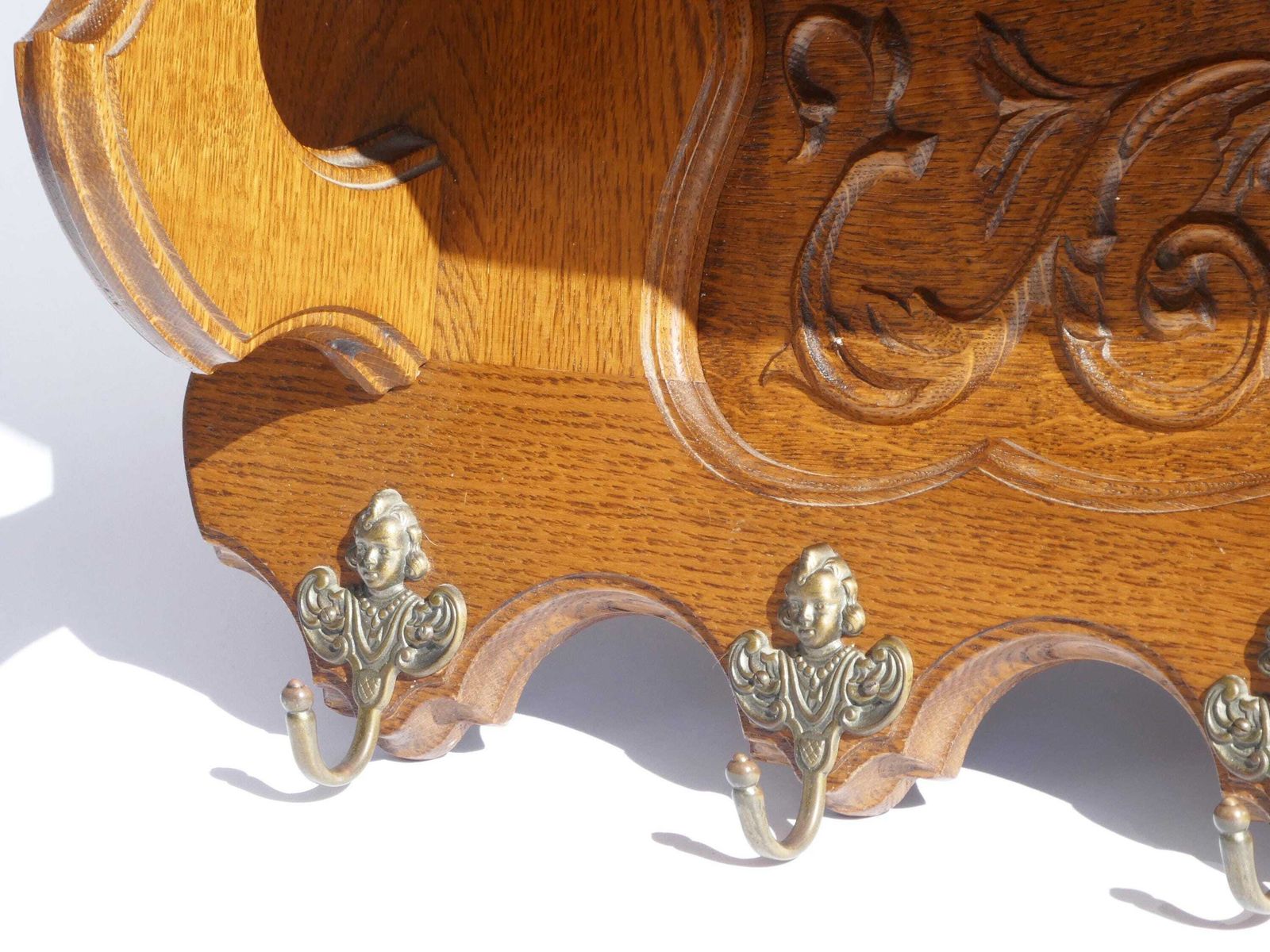 Antique Carved Wood Wall Shelf With Brass Angel Hooks, Oak Coat Rack With Lions Head, French Rustic Decor photo buy