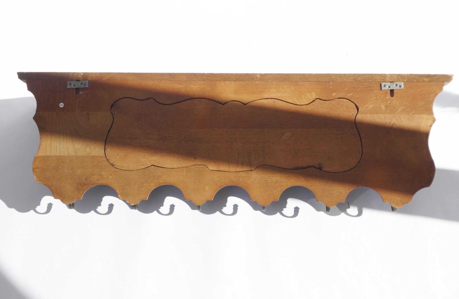 Antique Carved Wood Wall Shelf With Brass Angel Hooks, Oak Coat Rack With Lions Head, French Rustic Decor photo vintage