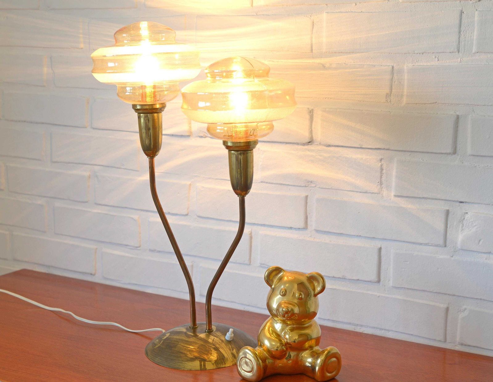 Elegant Vintage Floor Lamp / Brass Desk Light Fixture / Art Deco Style Table Lamp / Mushroom Lamp / Amber Glass Shade Lighting