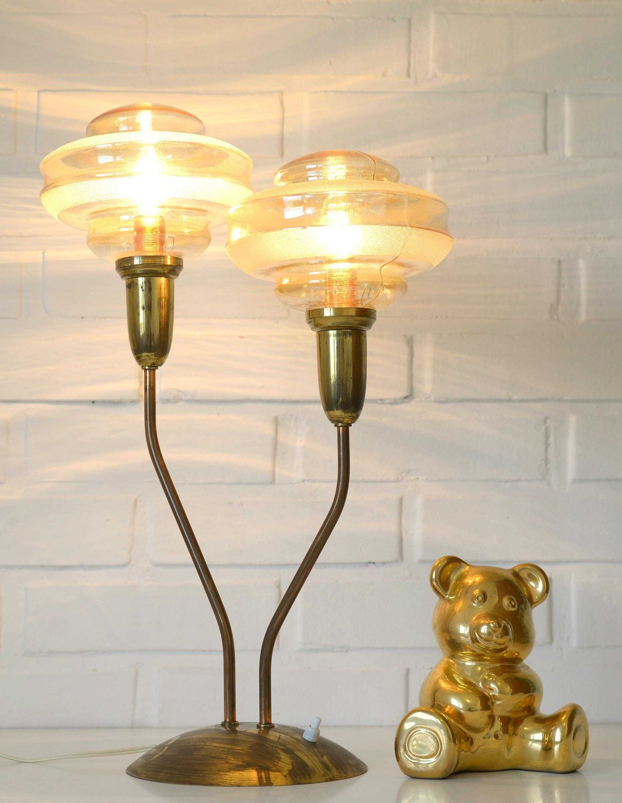 Elegant Vintage Floor Lamp / Brass Desk Light Fixture / Art Deco Style Table Lamp / Mushroom Lamp / Amber Glass Shade Lighting photo 256.0