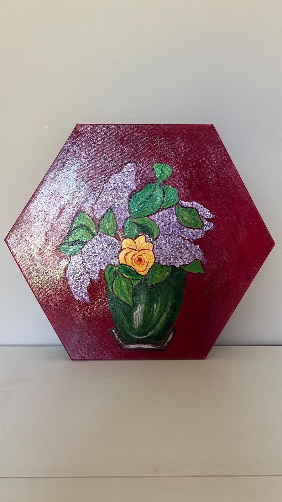 Contemporary Signed Floral Red Background Oil Painting On Unique Hexagonal Canvas photo furniture
