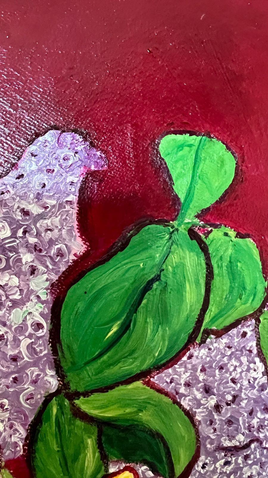 Contemporary Signed Floral Red Background Oil Painting On Unique Hexagonal Canvas photo vinterior
