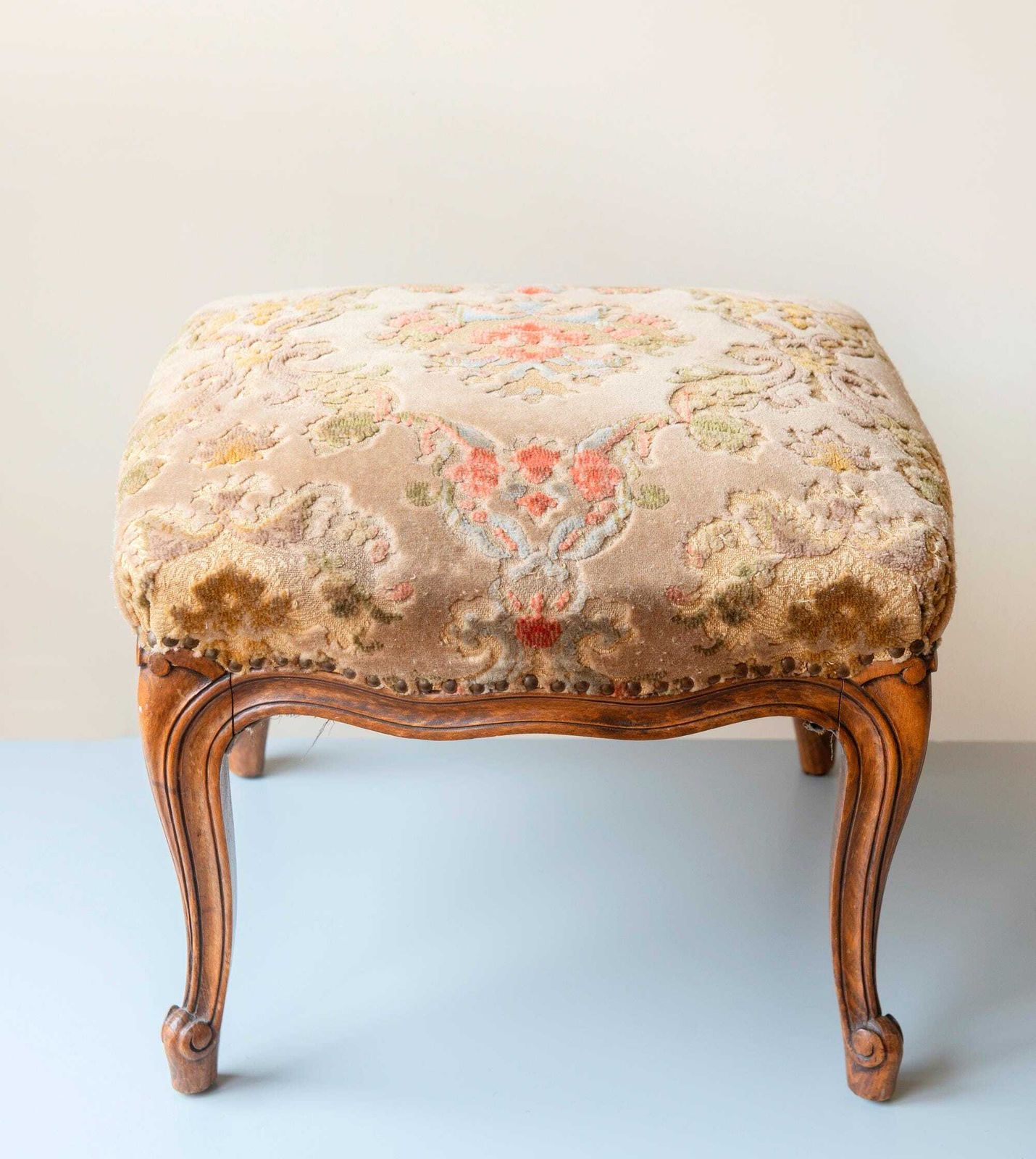 Antique Wooden Stool With Velvet Seat, French Footstool, Renaissance Style, Rustic Bench, Bend Legs, Hand Carved Tabouret photo furniture