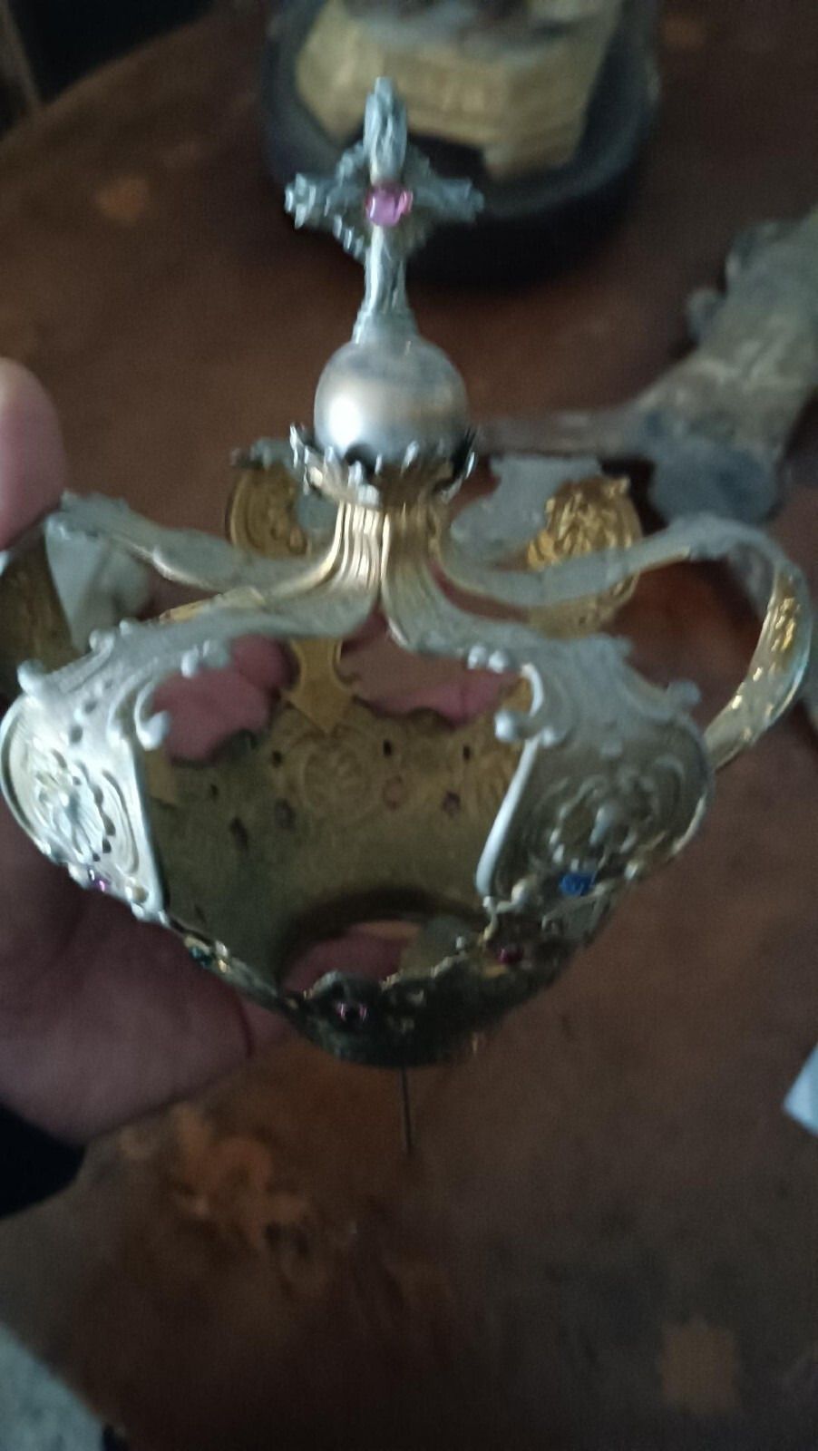 photo furniture Large Gilded Brass Crown For Statues With Stones, 11th Century