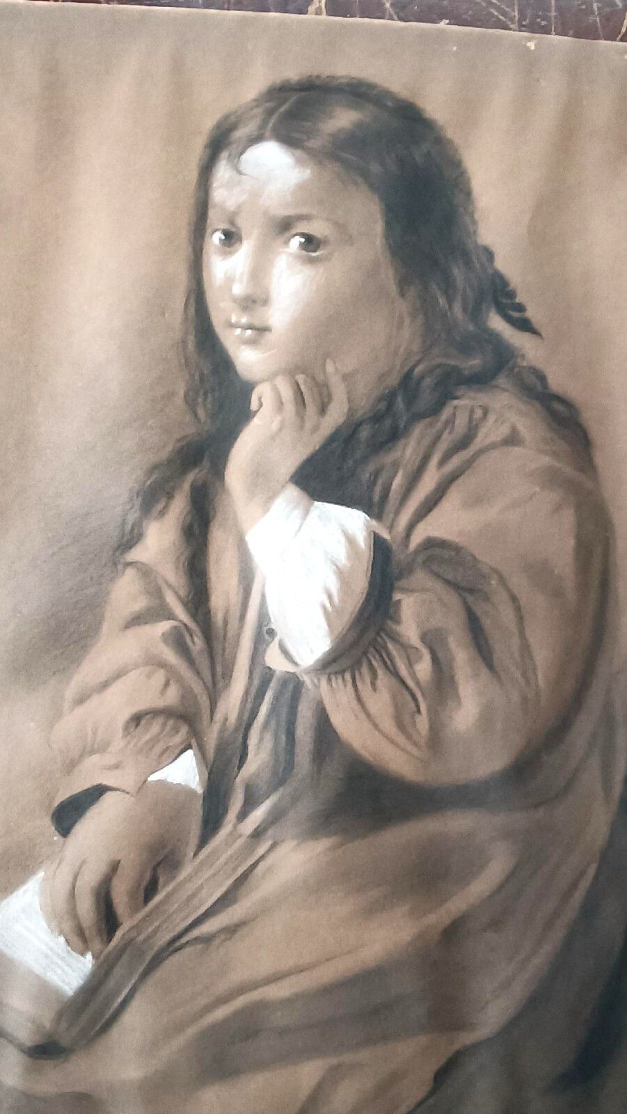 Female Portrait Charcoal Design White Pencil Signed Bag Late 800 photo for sale