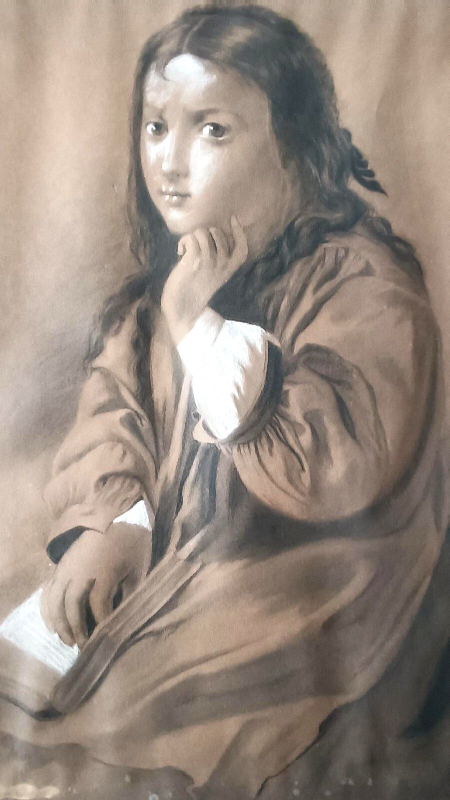 Female Portrait Charcoal Design White Pencil Signed Bag Late 800 photo Art