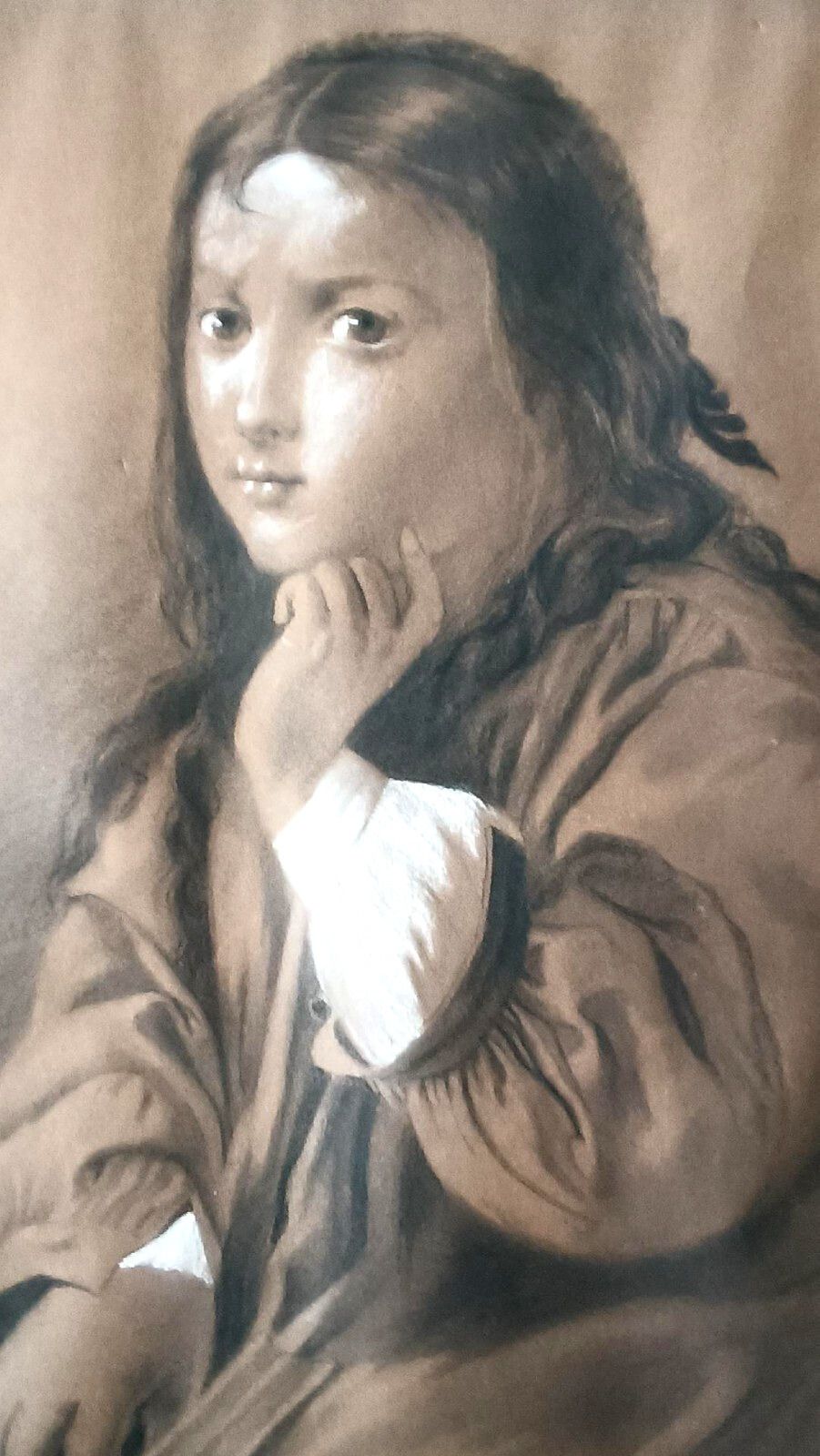 Female Portrait Charcoal Design White Pencil Signed Bag Late 800 photo 153.0