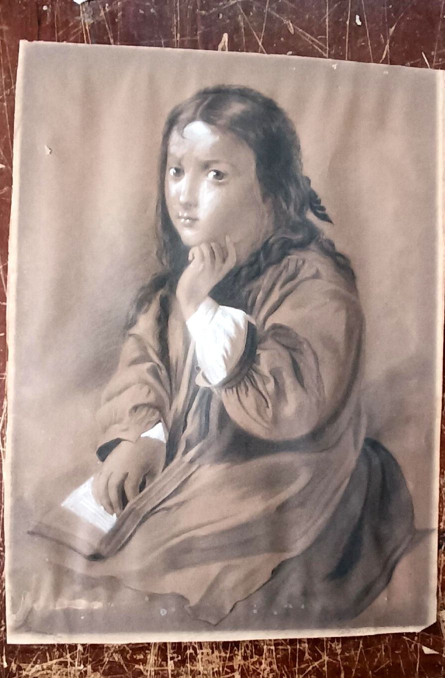 Female Portrait Charcoal Design White Pencil Signed Bag Late 800 photo vinterior