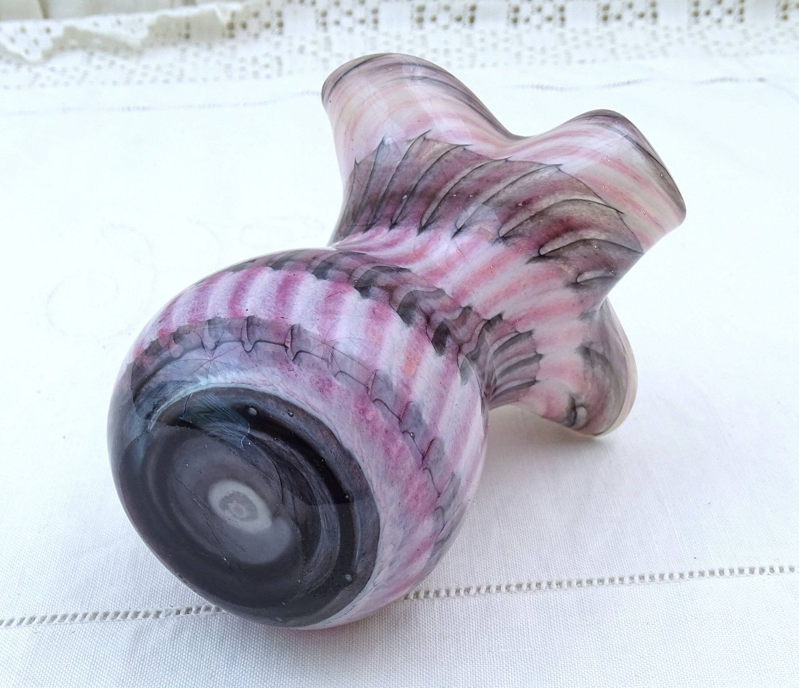 Vintage Mtarfa Maltese Studio Glass Cased Pastel Pink And Black Streaked Vase Signed Retro Handmade Studio Glassware From Valleta Malta photo vinterior