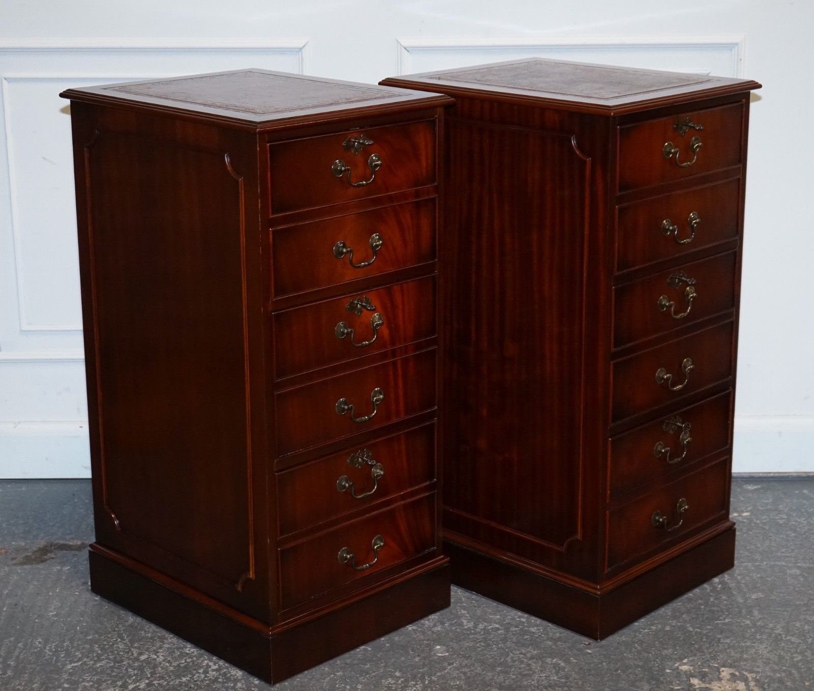Pair Of Filling Cabinets Burgundy Leather Gold Embossed Top 3 Spacious Drawers photo for sale