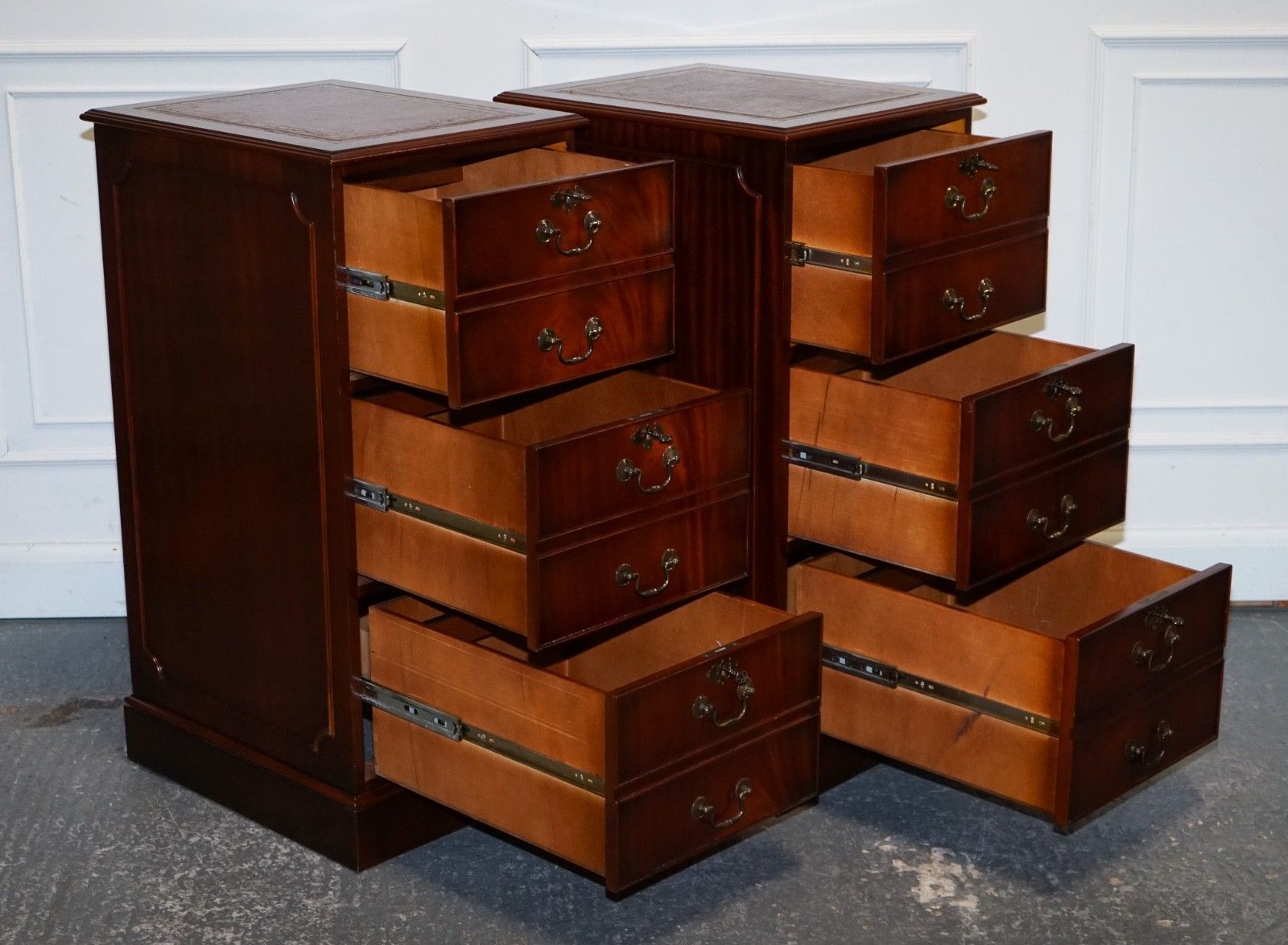 Pair Of Filling Cabinets Burgundy Leather Gold Embossed Top 3 Spacious Drawers photo Furniture