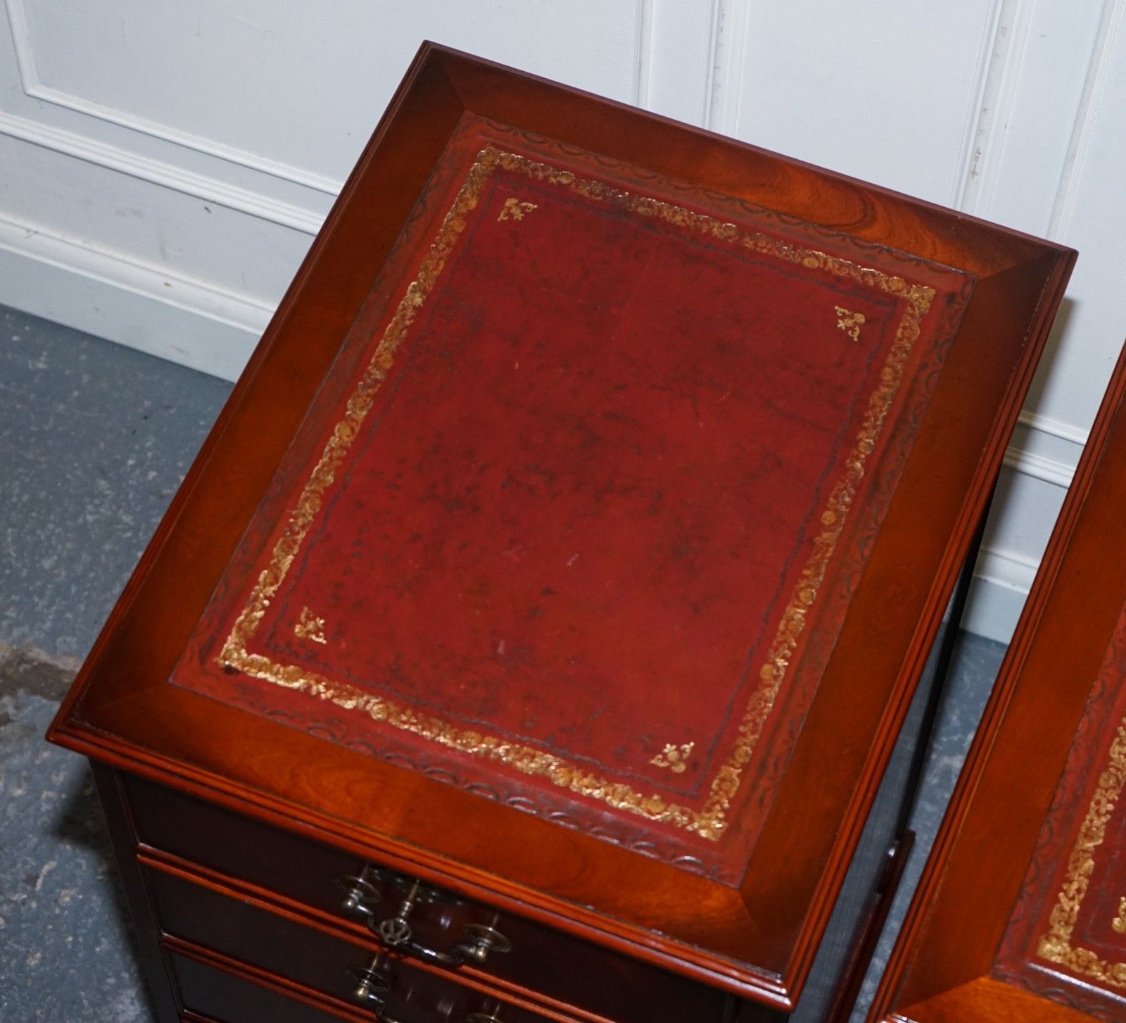 1250.0 Pair Of Filling Cabinets Burgundy Leather Gold Embossed Top 3 Spacious Drawers photo