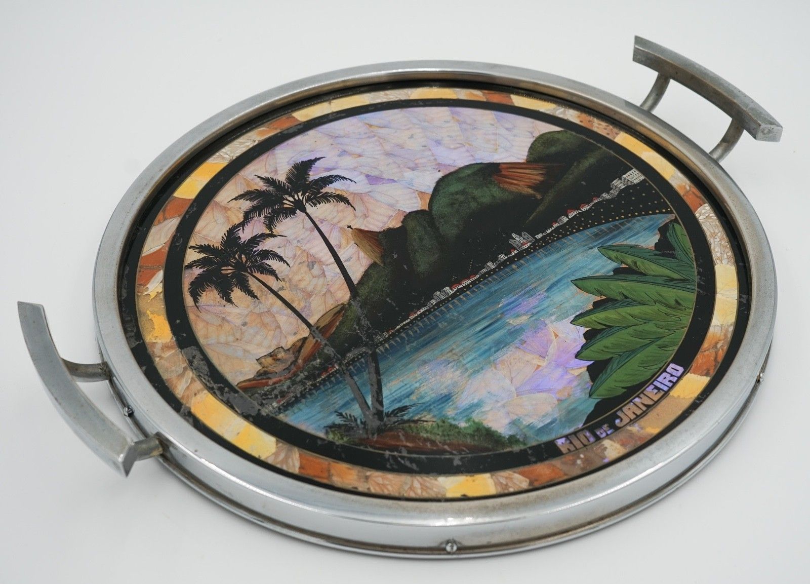 Vintage Circular Brazilian Rio De Janeiro Metal Tray Real Morpho Butterfly Wings photo for sale