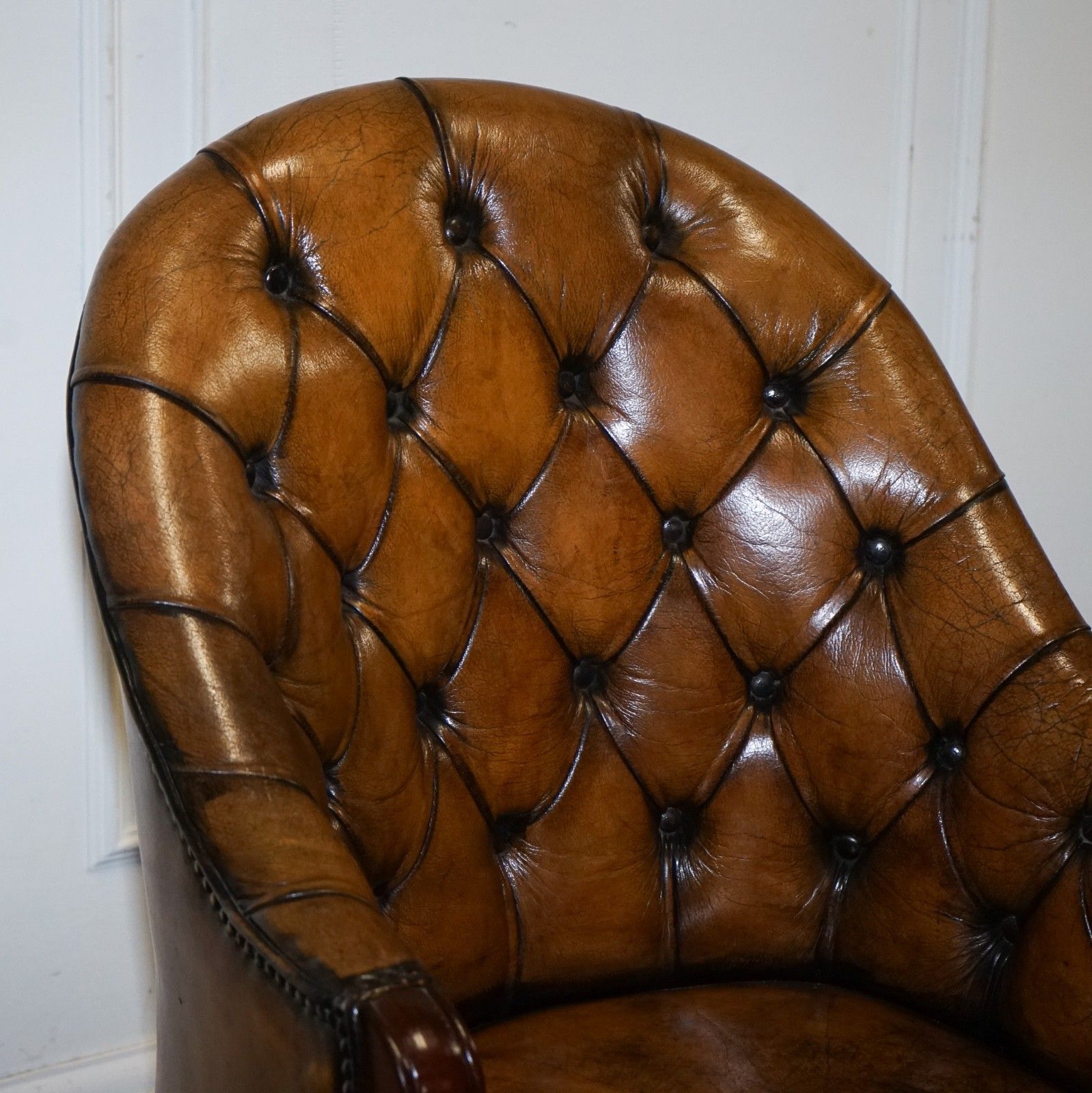 Antique Deep Buttoned Chesterfield Georgian Style Hand Dyed Leather Desk Chair photo vinterior