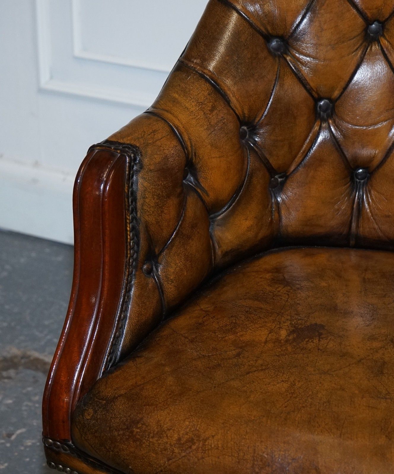 Antique Deep Buttoned Chesterfield Georgian Style Hand Dyed Leather Desk Chair photo vintage