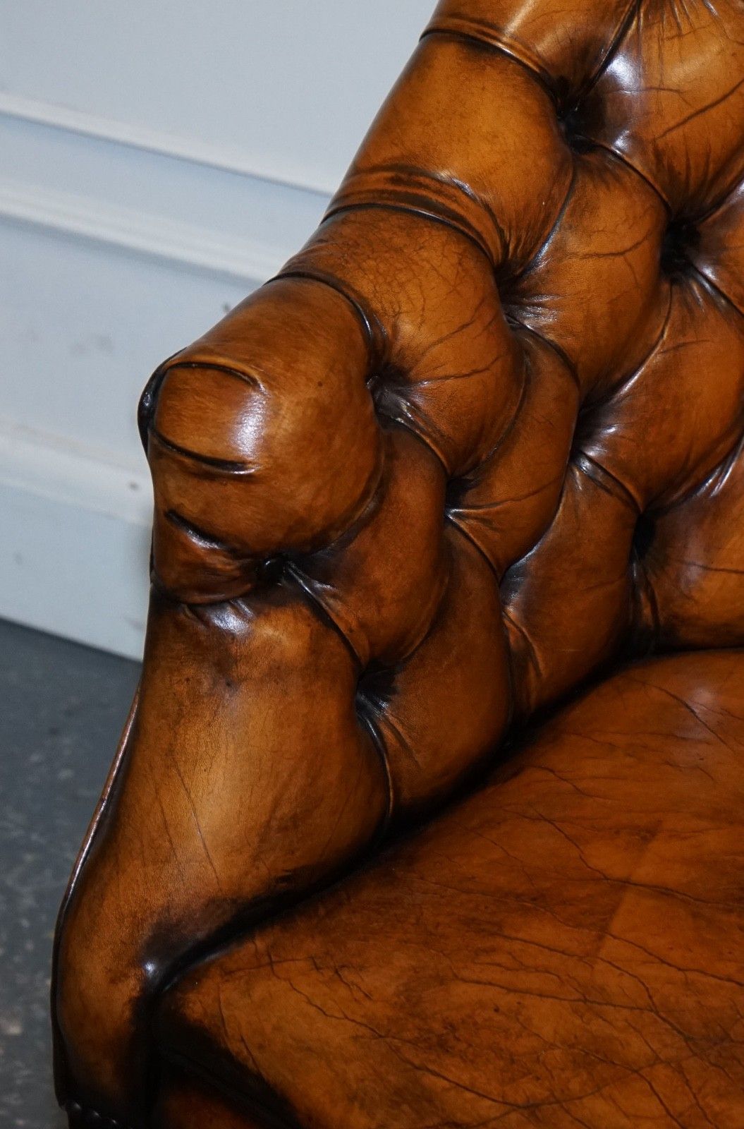 photo for sale Set Of Four English Chesterfield Hand Dyed Leather Office Library Tub Chairs