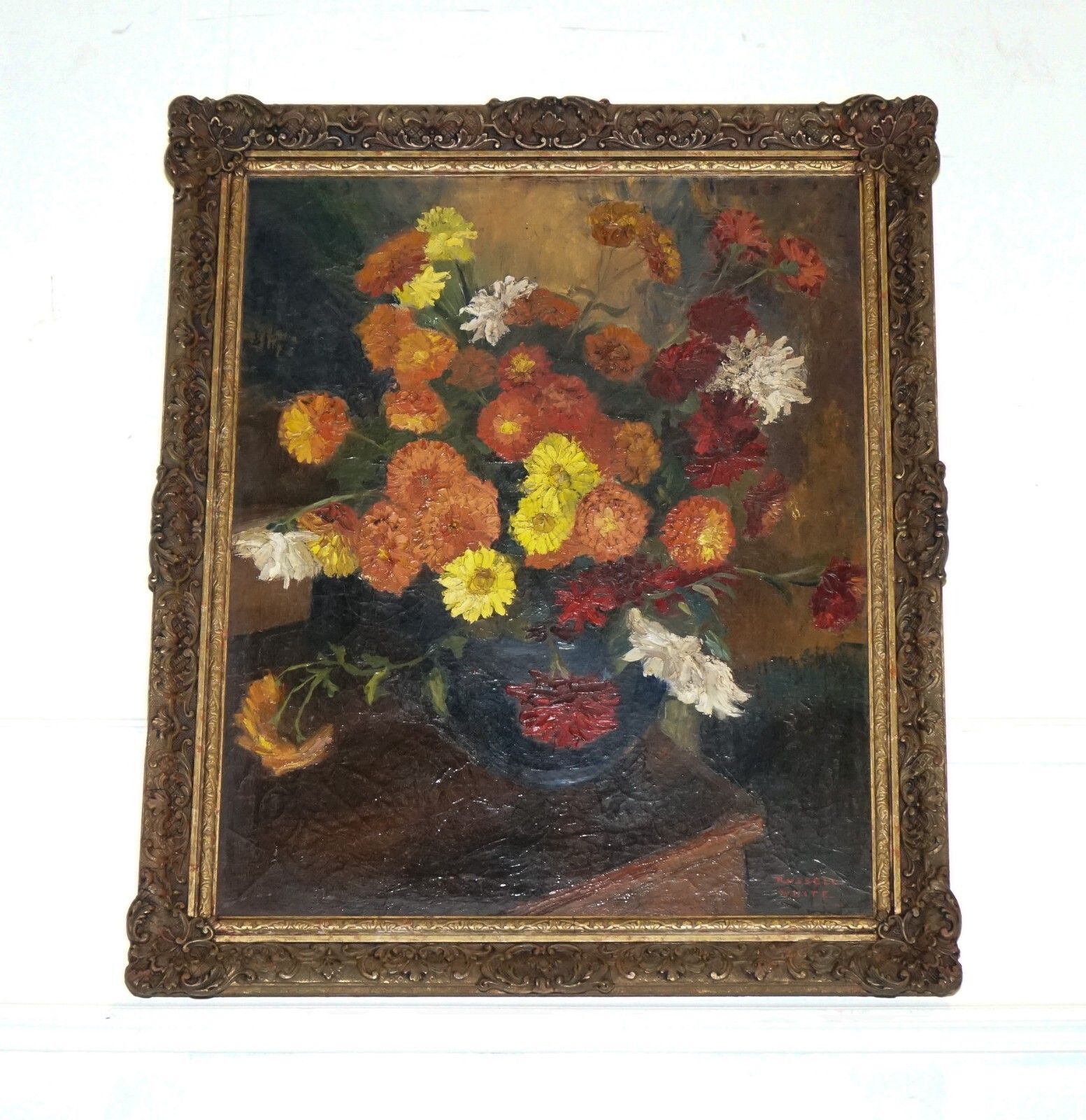 Still Life Painting Floral Bouquet Gilted Frame Signed Russel White 1953 photo furniture