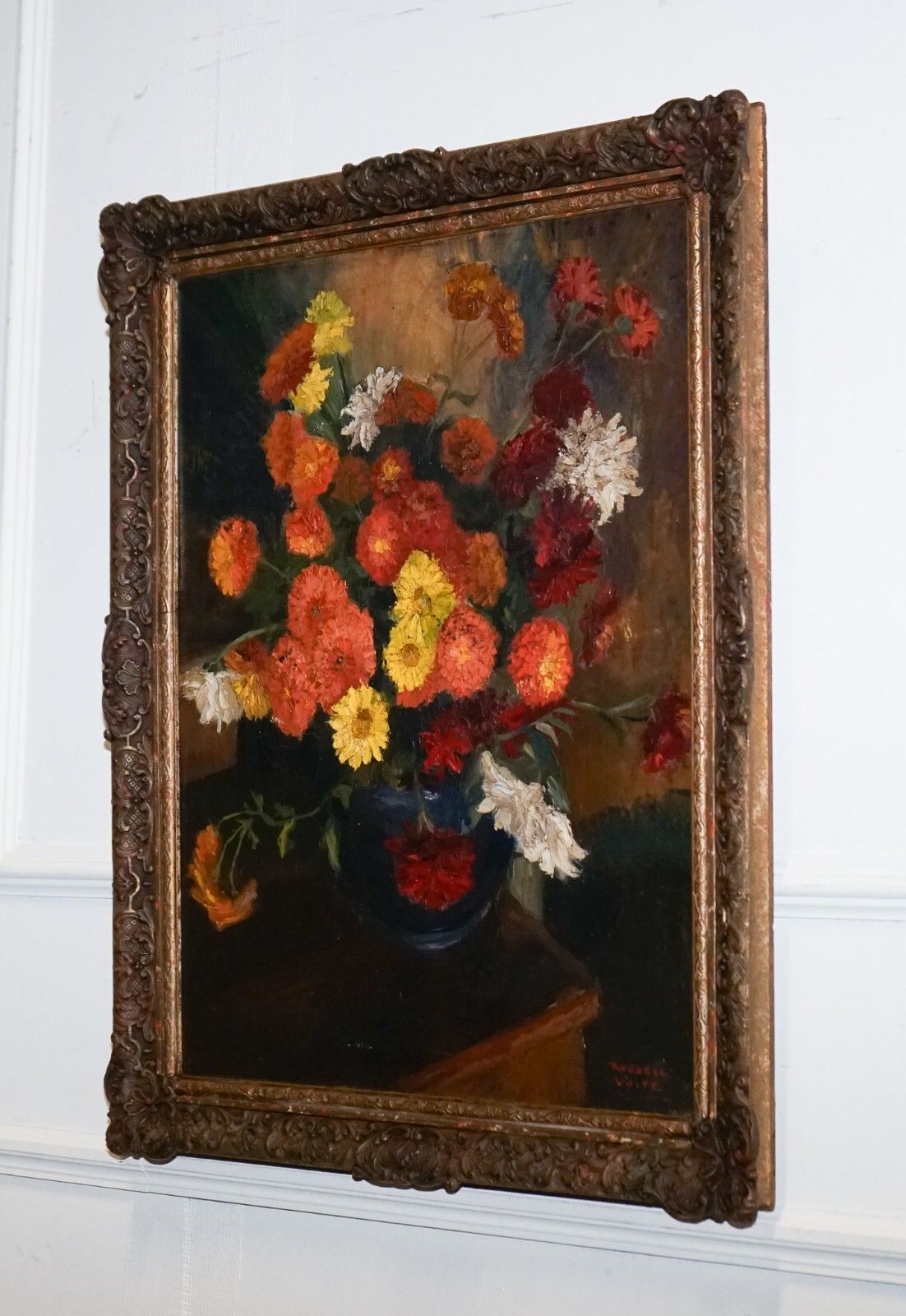Still Life Painting Floral Bouquet Gilted Frame Signed Russel White 1953 photo Art