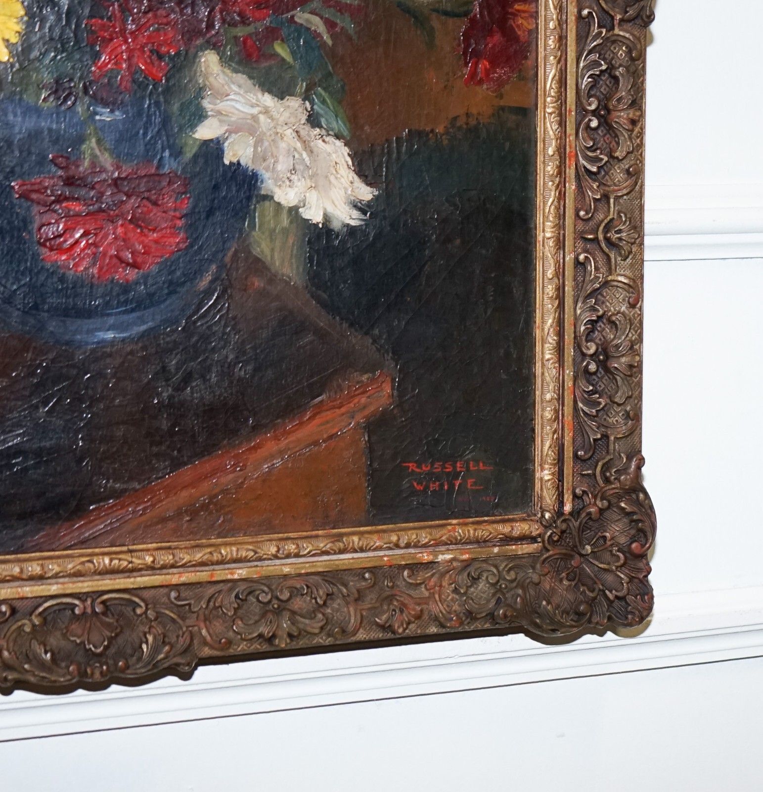 Still Life Painting Floral Bouquet Gilted Frame Signed Russel White 1953 photo vintage