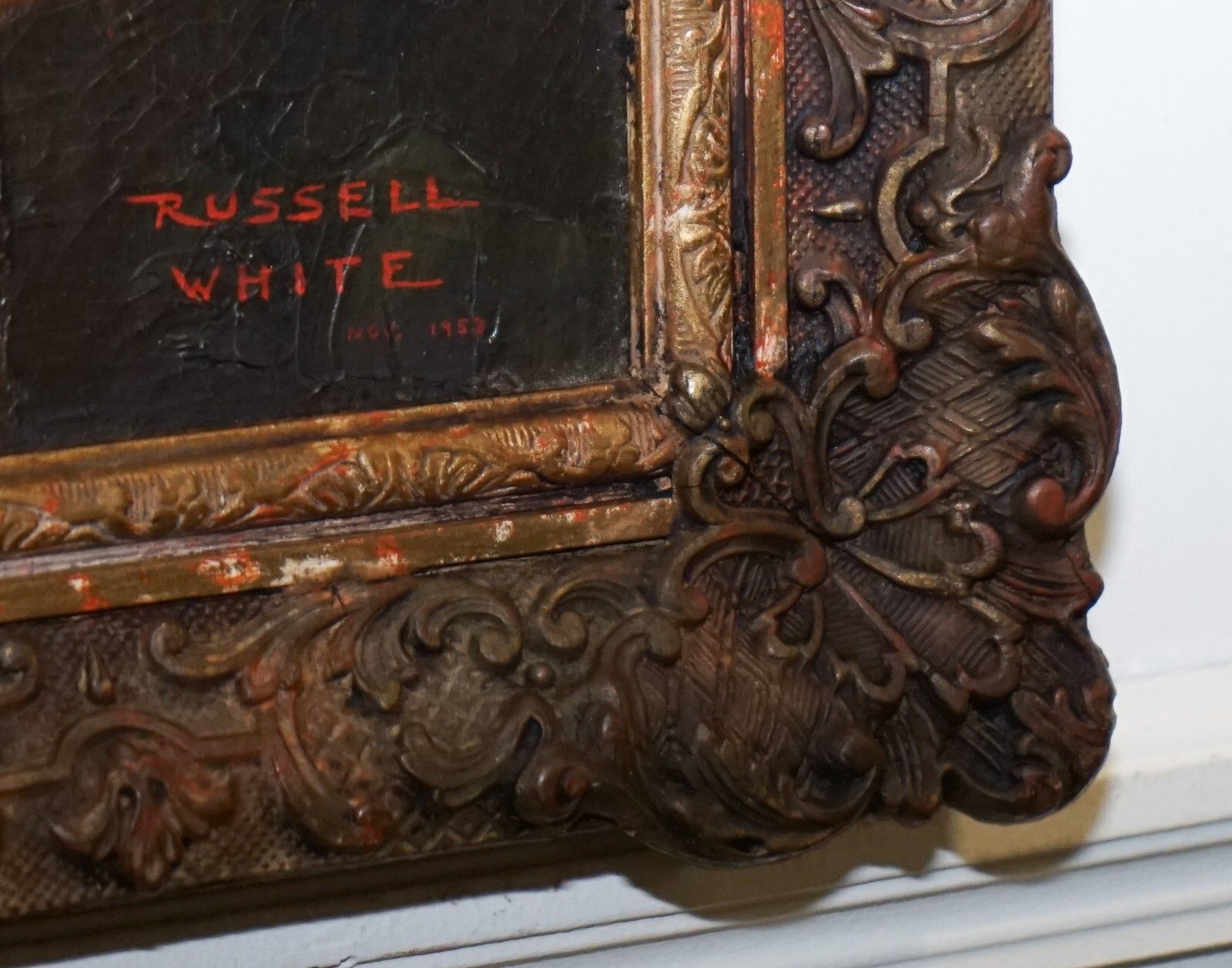 photo for sale Still Life Painting Floral Bouquet Gilted Frame Signed Russel White 1953