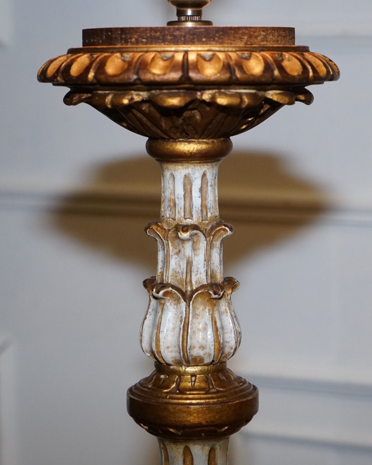 photo for sale Italian Florentine Style Carved & Hand Painted White & Gilt Standard Floor Lamp