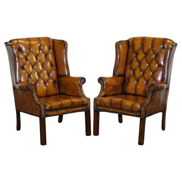 Stunning 1960's Hand Dyed Brown Leather Chesterfield Wingback Armchairs