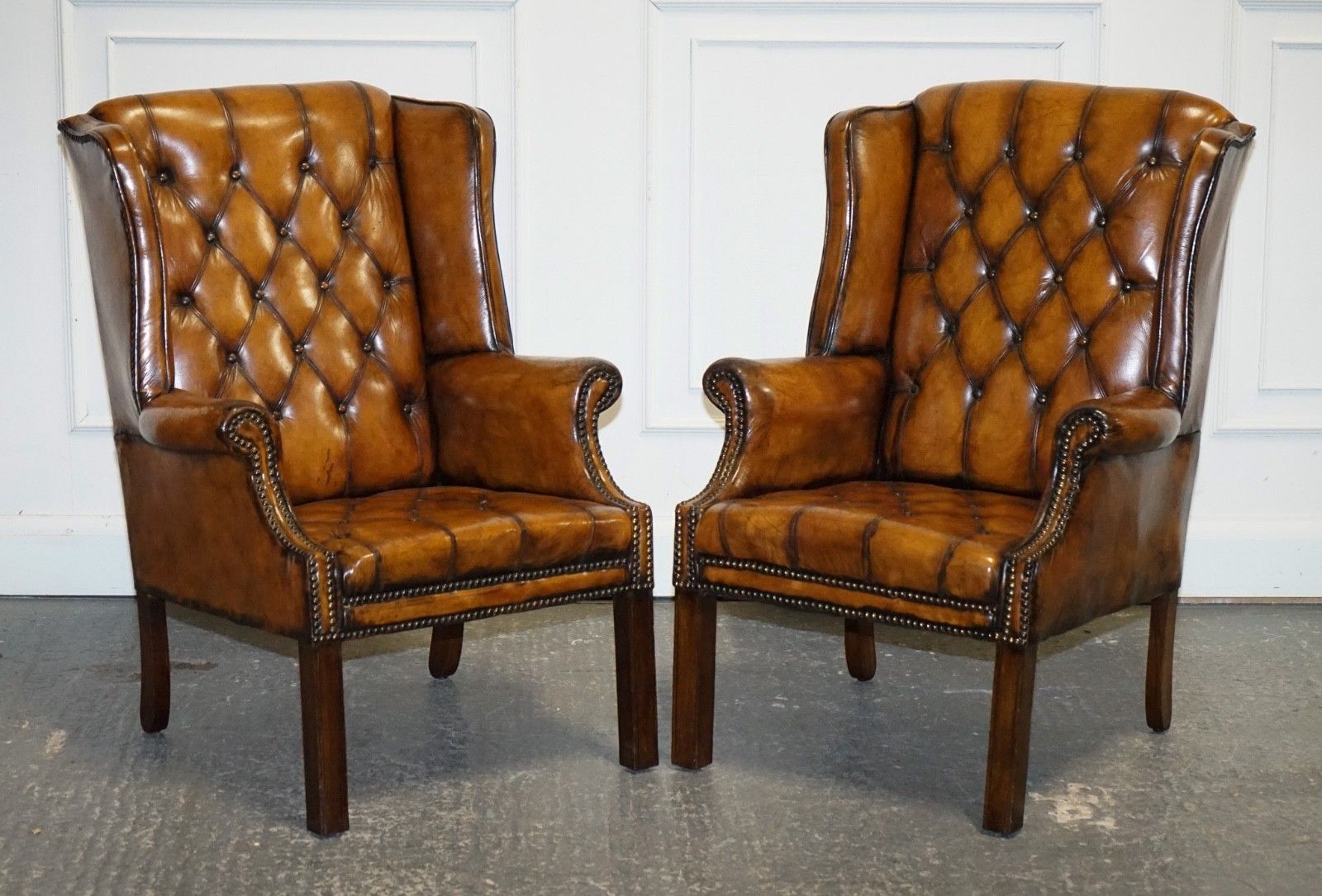 Stunning 1960's Hand Dyed Brown Leather Chesterfield Wingback Armchairs photo furniture