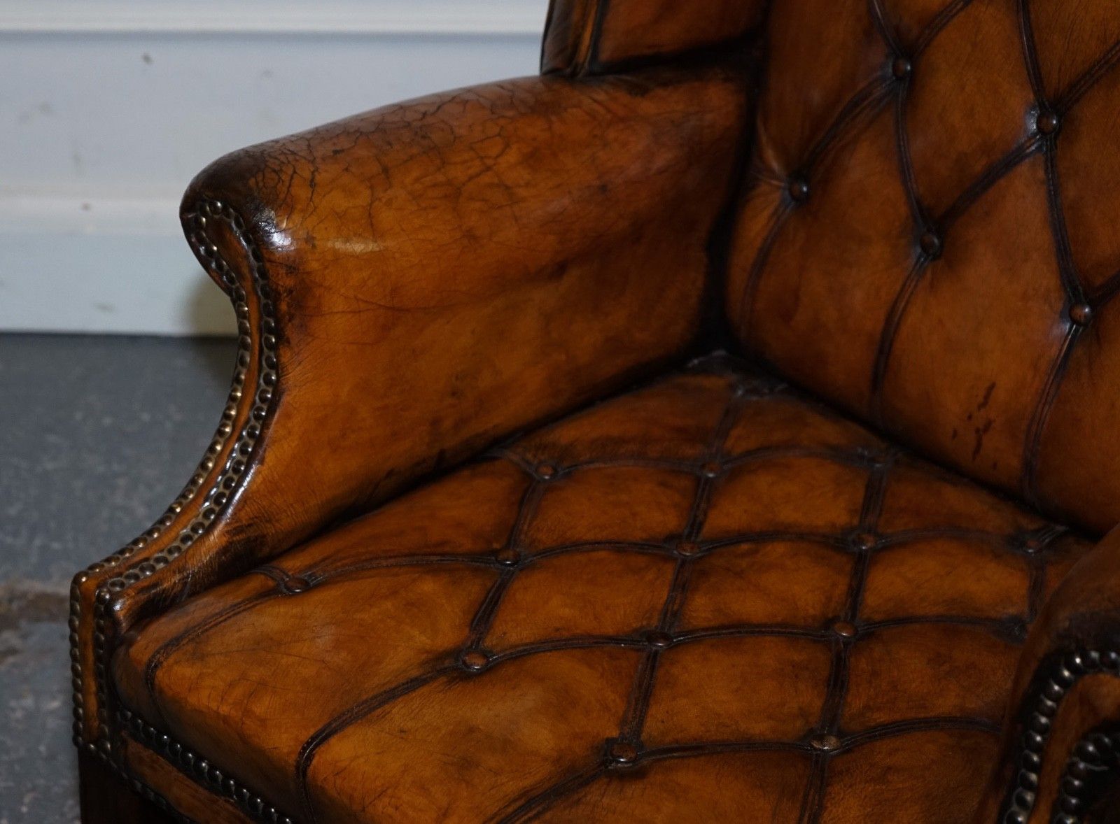 Stunning 1960's Hand Dyed Brown Leather Chesterfield Wingback Armchairs photo vintage