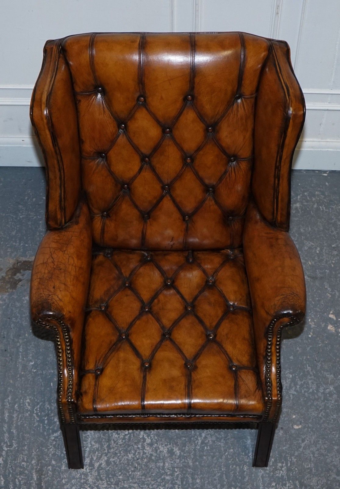photo for sale Stunning 1960's Hand Dyed Brown Leather Chesterfield Wingback Armchairs