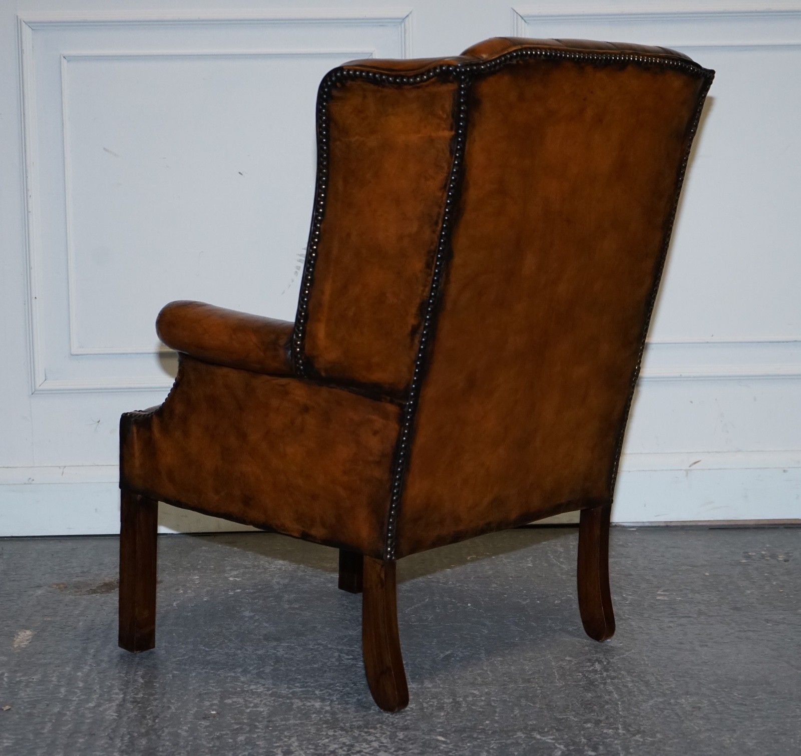 photo buy Stunning 1960's Hand Dyed Brown Leather Chesterfield Wingback Armchairs