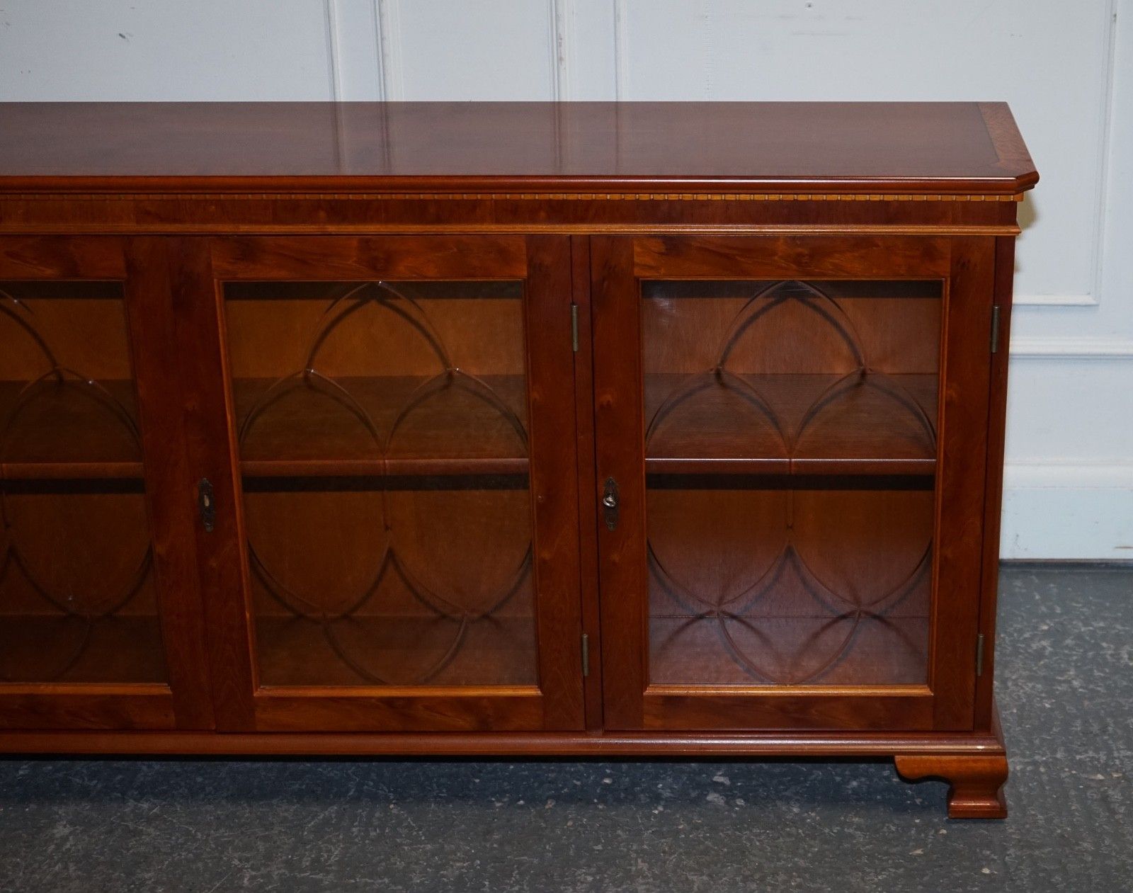 Vintage Yew Wood Glazed Bookcase Sideboard Triple Door Display Cabinet photo 750.0