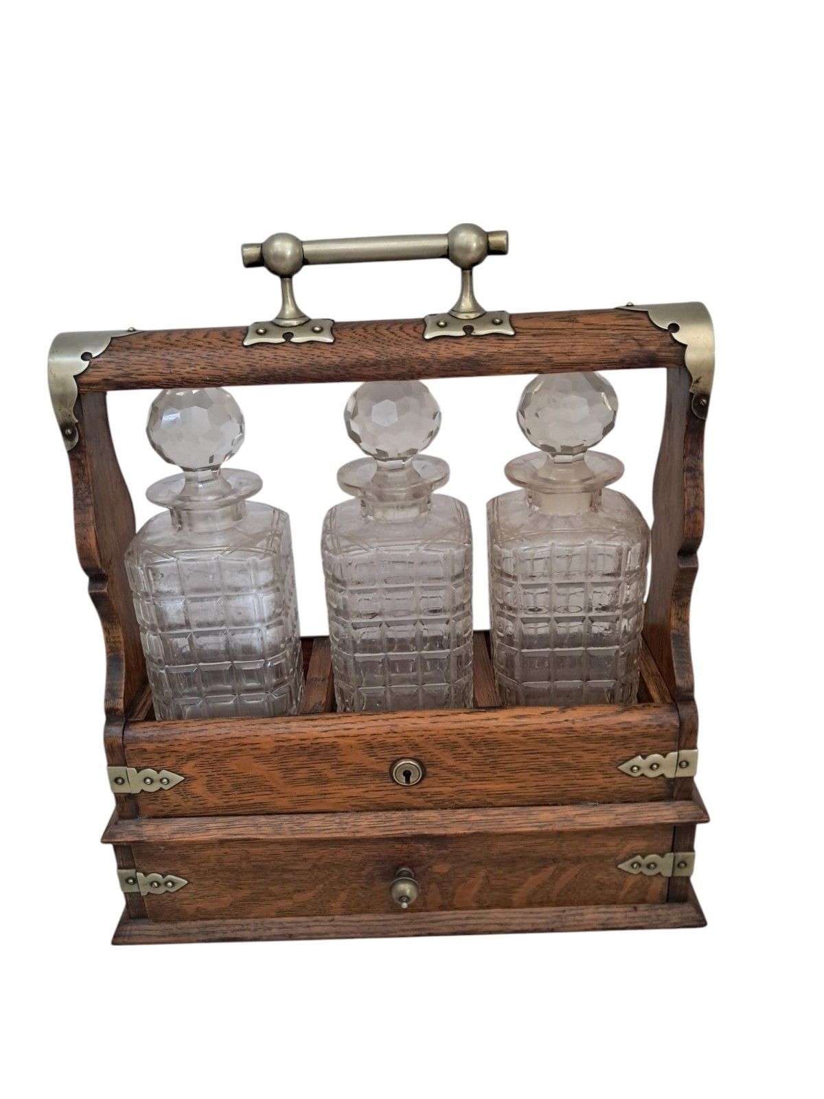 Antique Locking Tantalus + Three Decanters Oak & Brass Victorian Decanter Caddy photo furniture