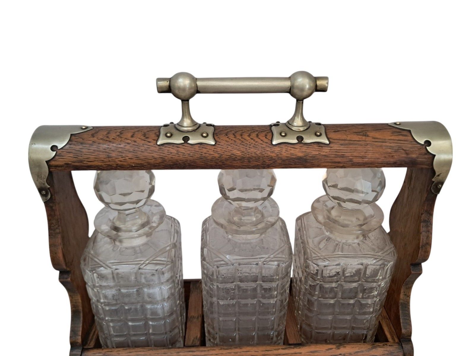 Antique Locking Tantalus + Three Decanters Oak & Brass Victorian Decanter Caddy photo vinterior