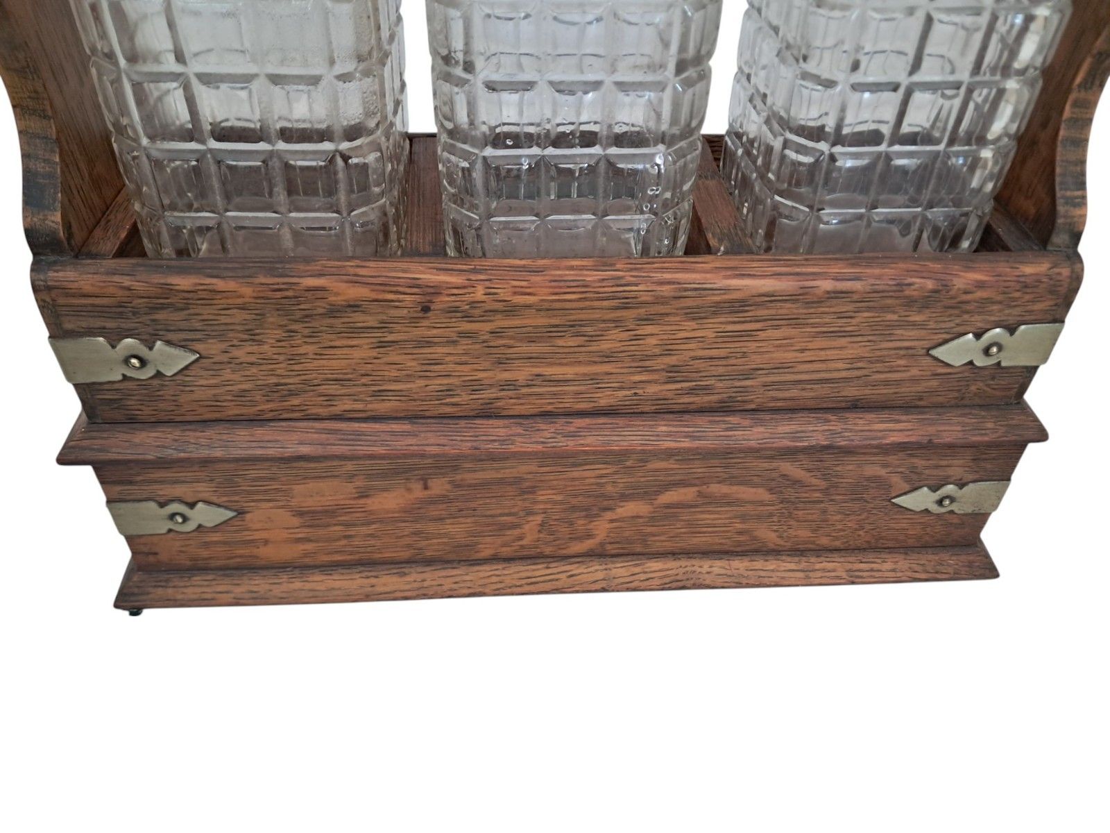 photo for sale Antique Locking Tantalus + Three Decanters Oak & Brass Victorian Decanter Caddy