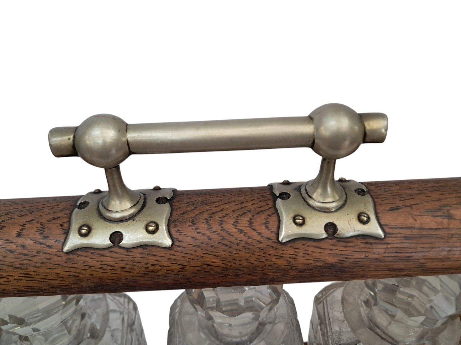 Home Decor Antique Locking Tantalus + Three Decanters Oak & Brass Victorian Decanter Caddy photo