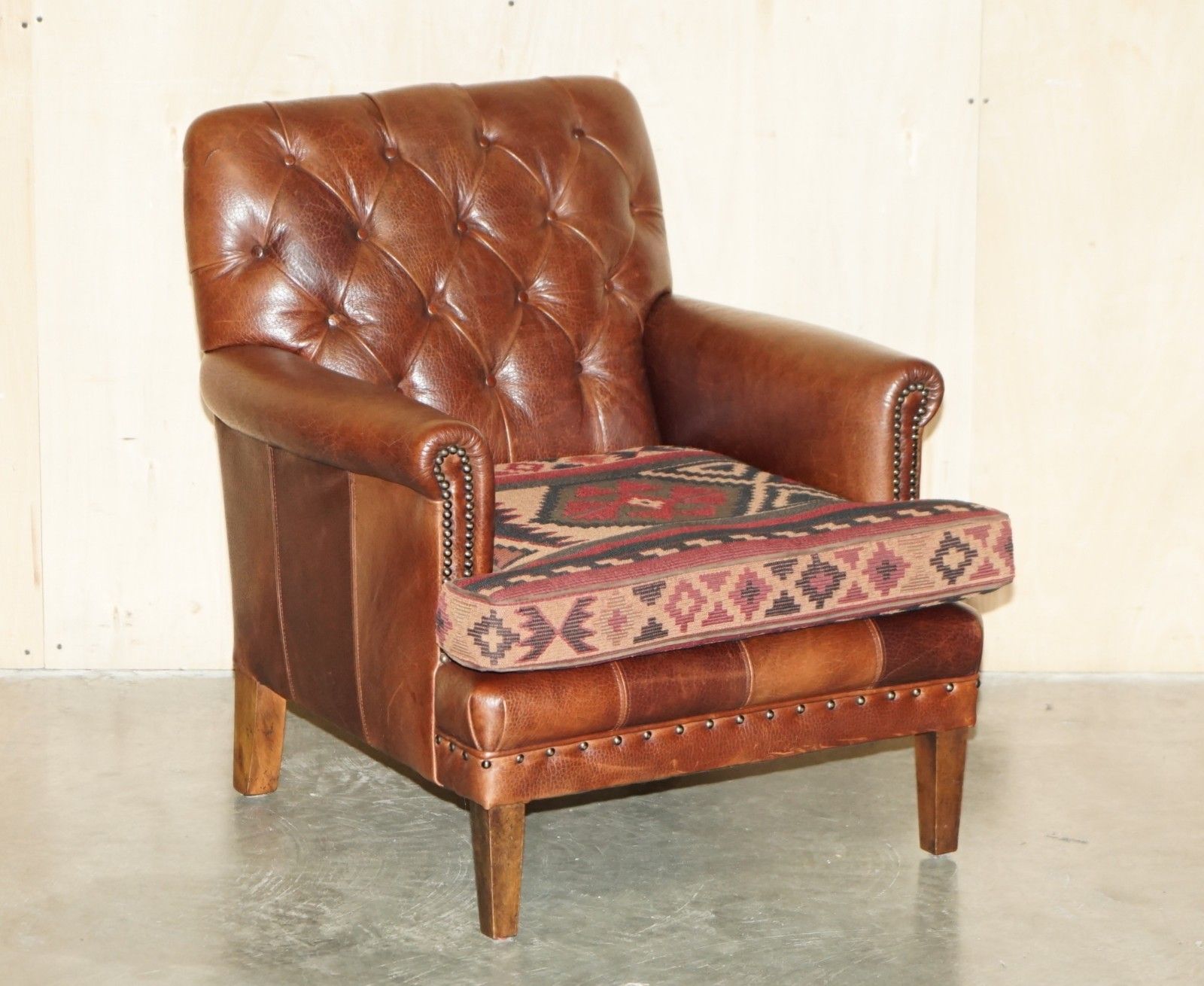 Lovely Brown Leather Chesterfield Tufted Kilim Upholstered Library Armchair photo furniture