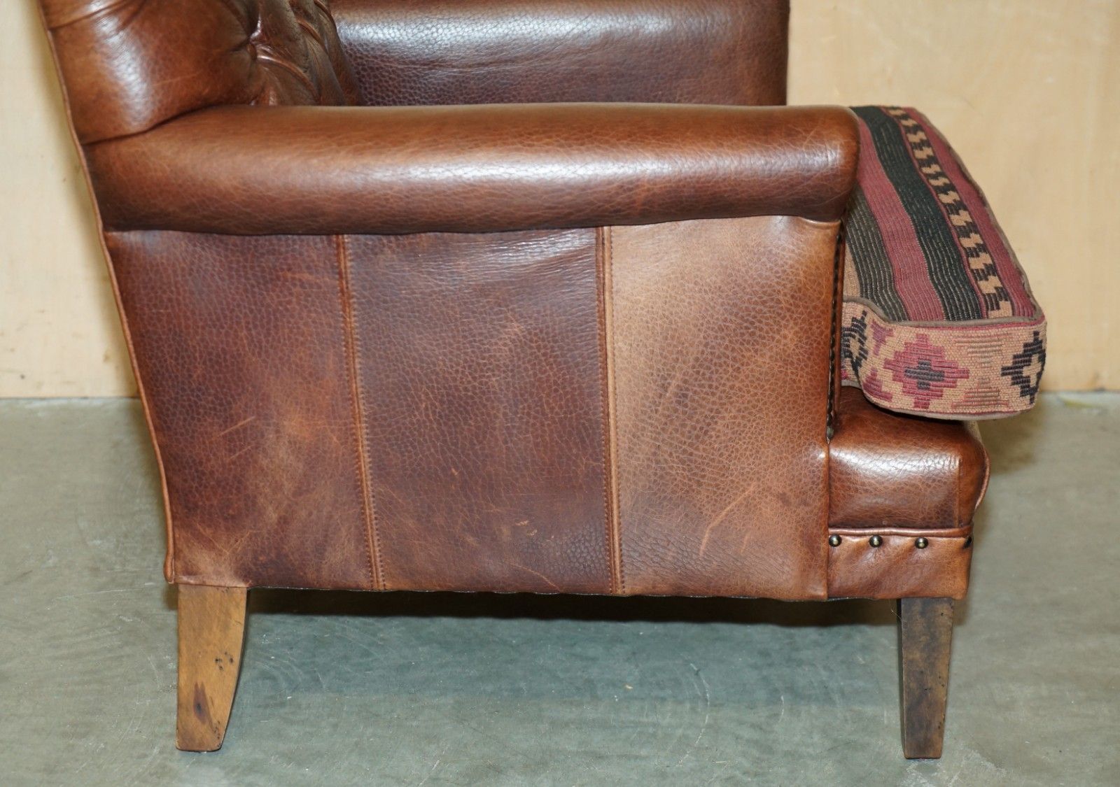 1350.0 Lovely Brown Leather Chesterfield Tufted Kilim Upholstered Library Armchair photo