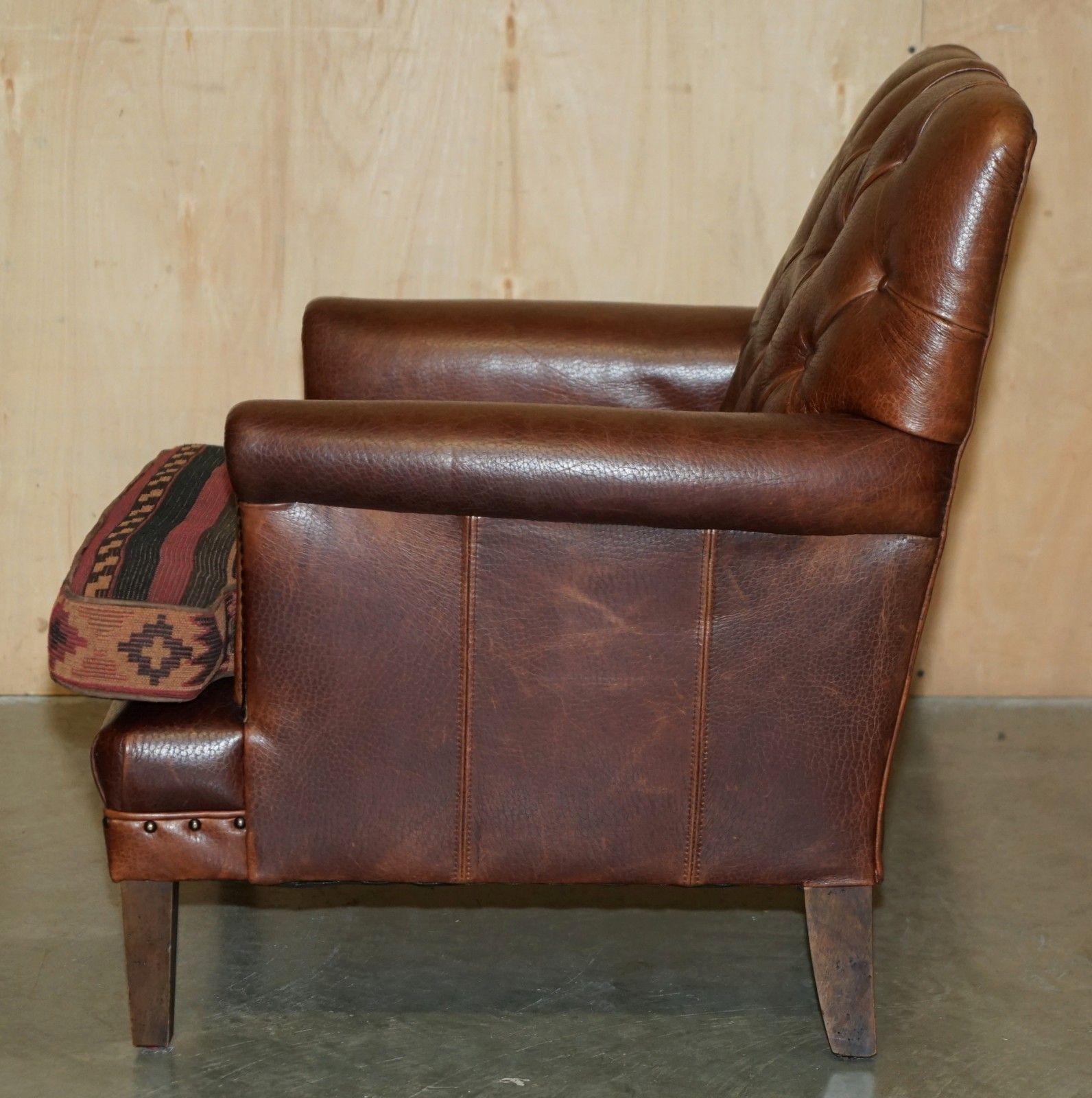 photo buy Lovely Brown Leather Chesterfield Tufted Kilim Upholstered Library Armchair
