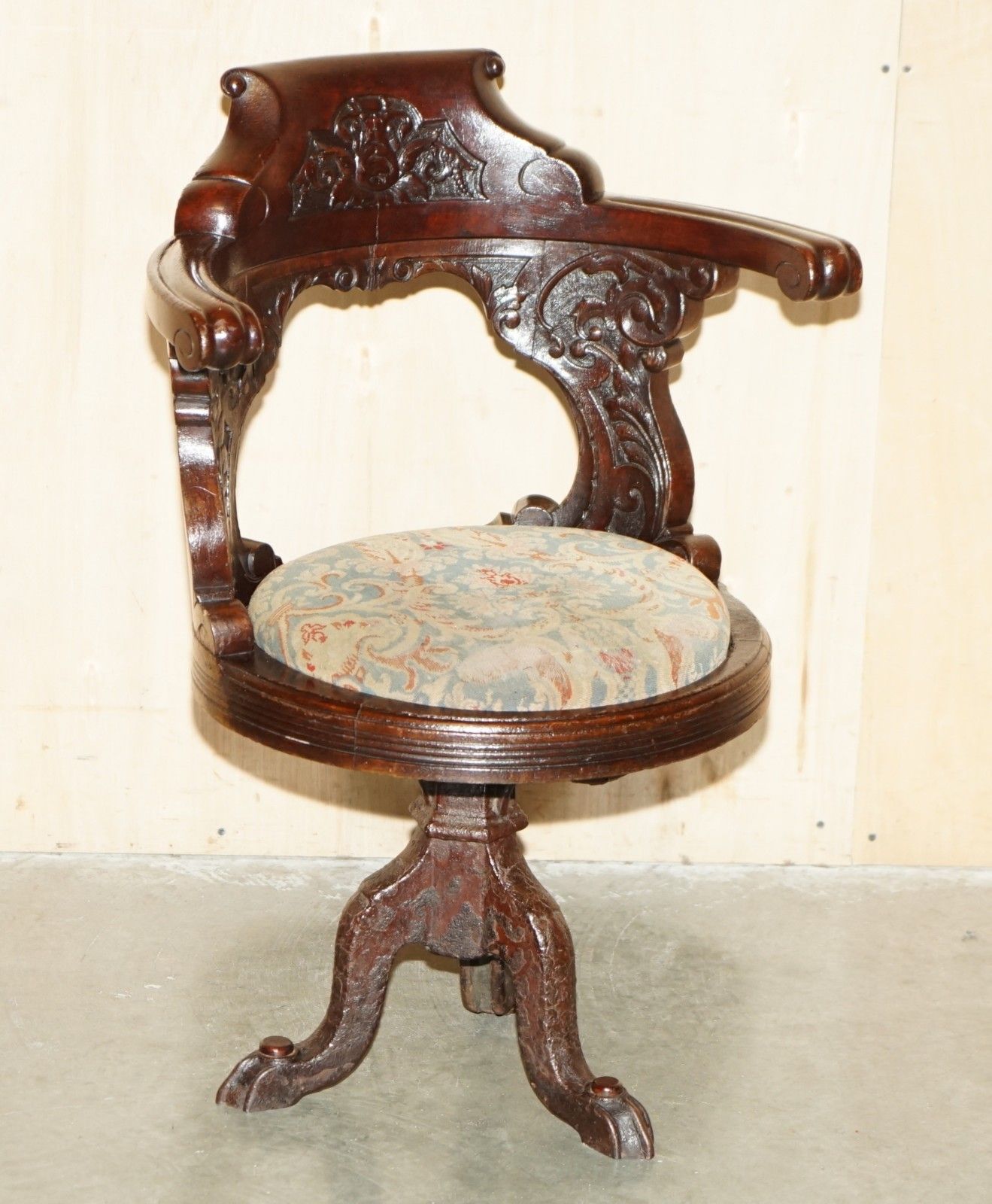 Antique Victorian Hand Carved Mahogany Ships Captains Cast Iron Base Armchair