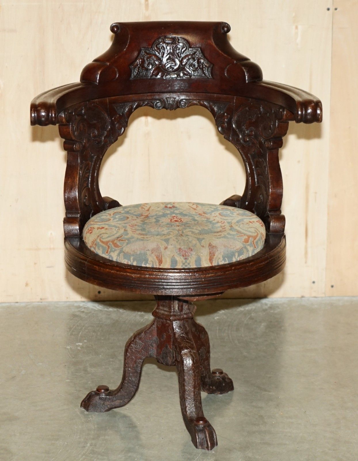 Antique Victorian Hand Carved Mahogany Ships Captains Cast Iron Base Armchair photo furniture