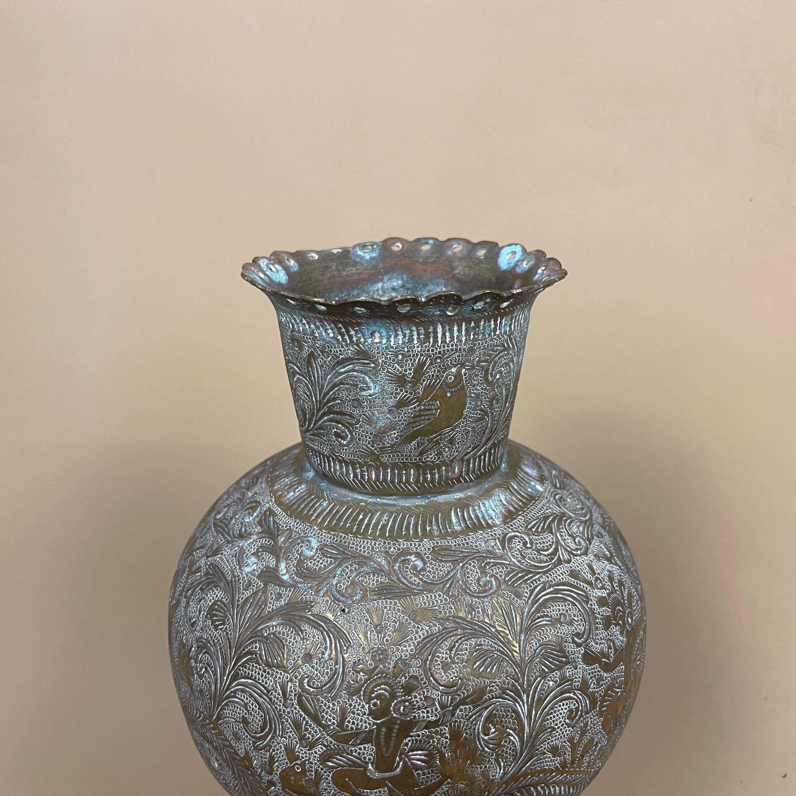 Antique Metal Gold Indian Patterned Brass Plant Pot Vase Jug Planter Jardiniere Handmade Engraved Etched Intricate Vintage Decorative Asian photo furniture