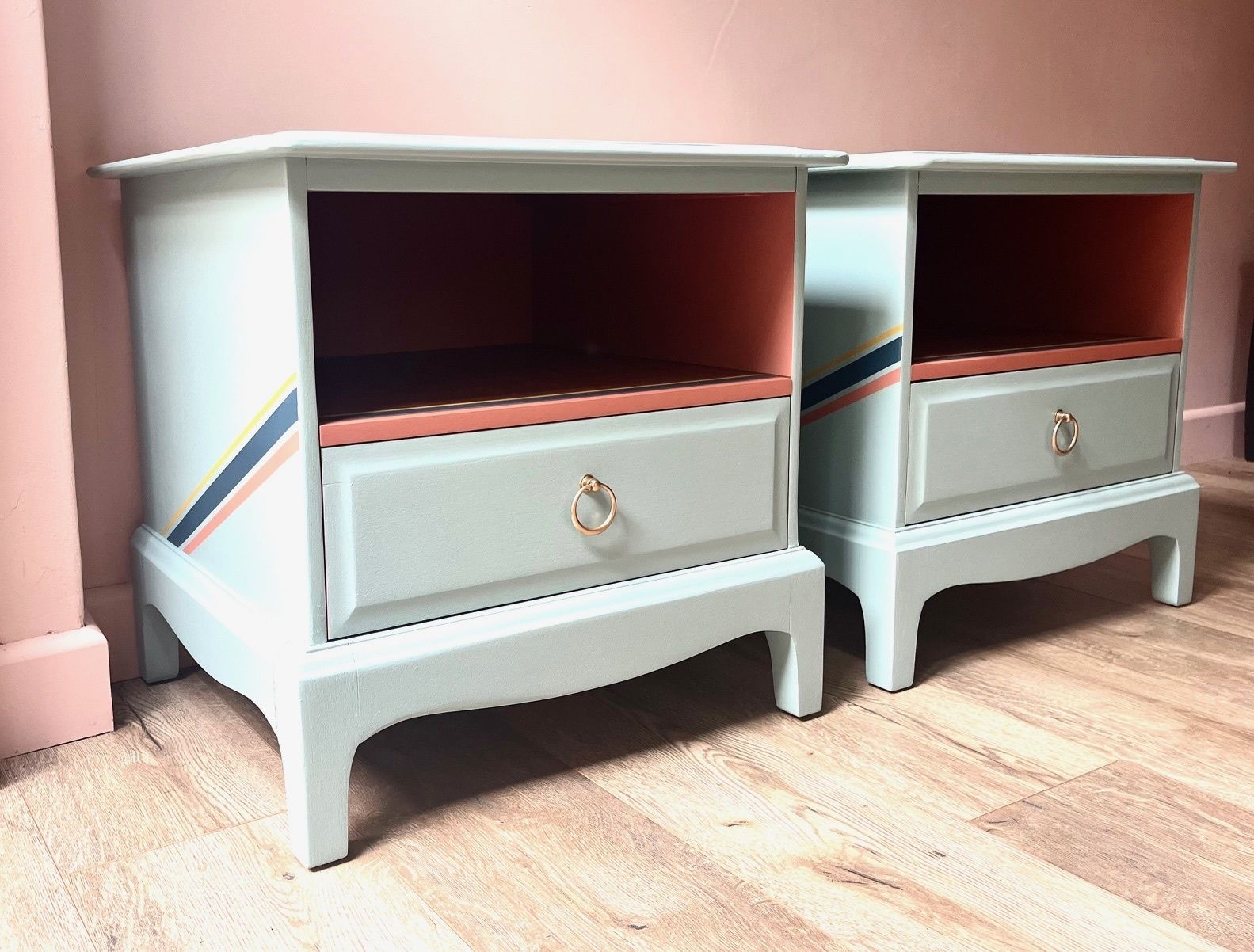 Pair Of Stag Minstrel Bedside Tables With Storage Nook, Professionally Painted In Duck Egg Blue With Accents Of Terracotta, Mustard And Navy photo Furniture