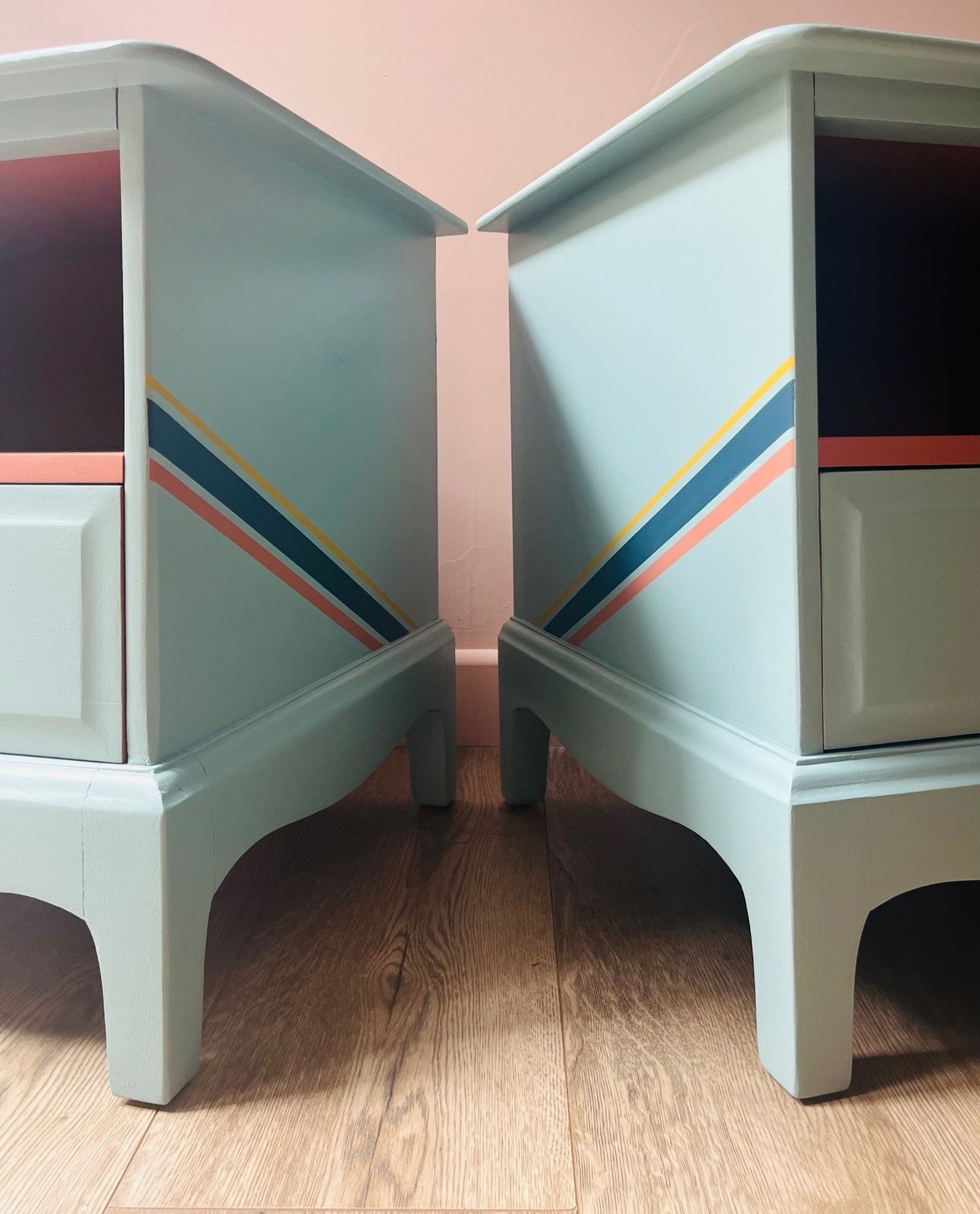 Pair Of Stag Minstrel Bedside Tables With Storage Nook, Professionally Painted In Duck Egg Blue With Accents Of Terracotta, Mustard And Navy photo furniture