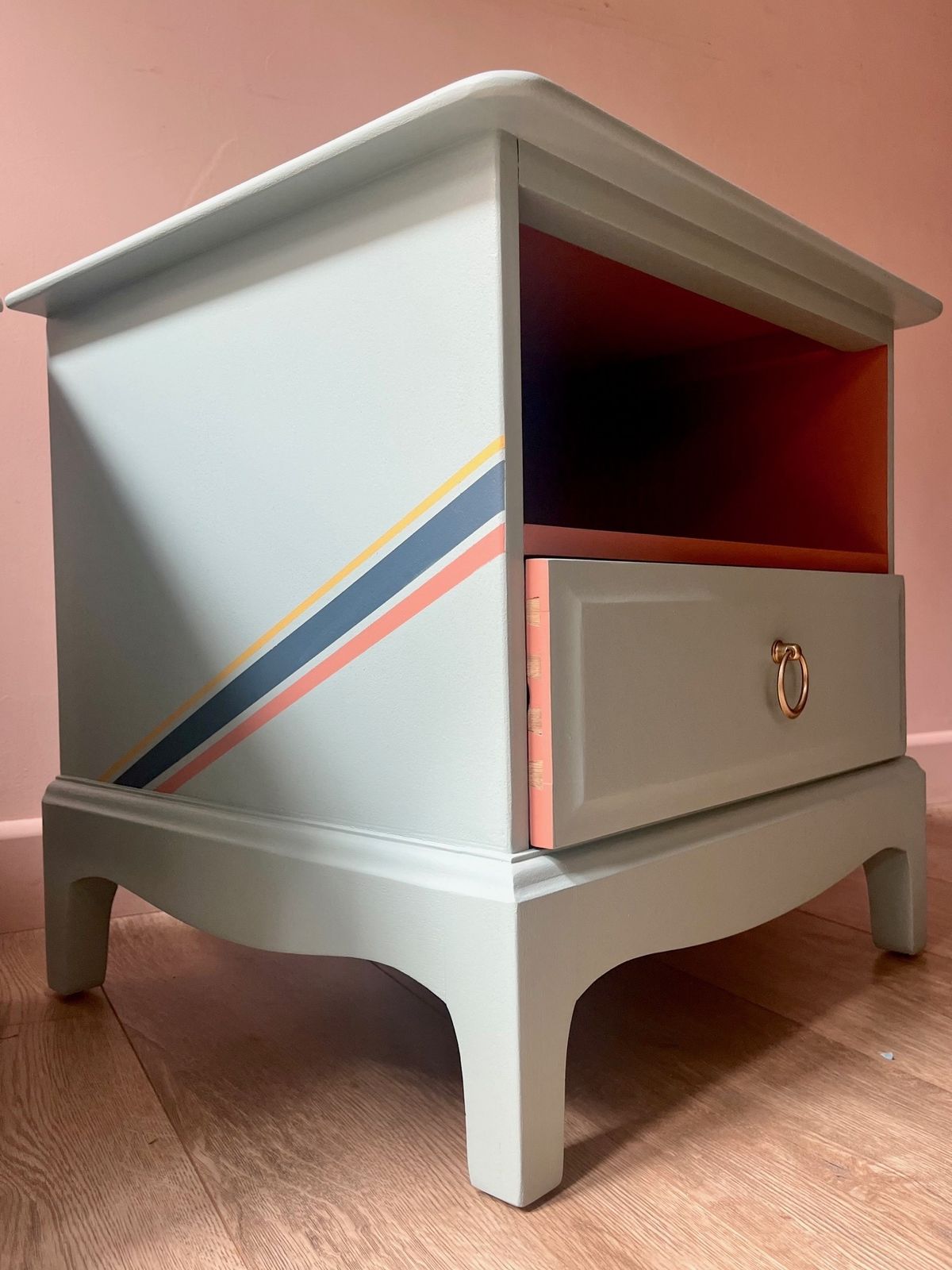 Pair Of Stag Minstrel Bedside Tables With Storage Nook, Professionally Painted In Duck Egg Blue With Accents Of Terracotta, Mustard And Navy photo 495.0