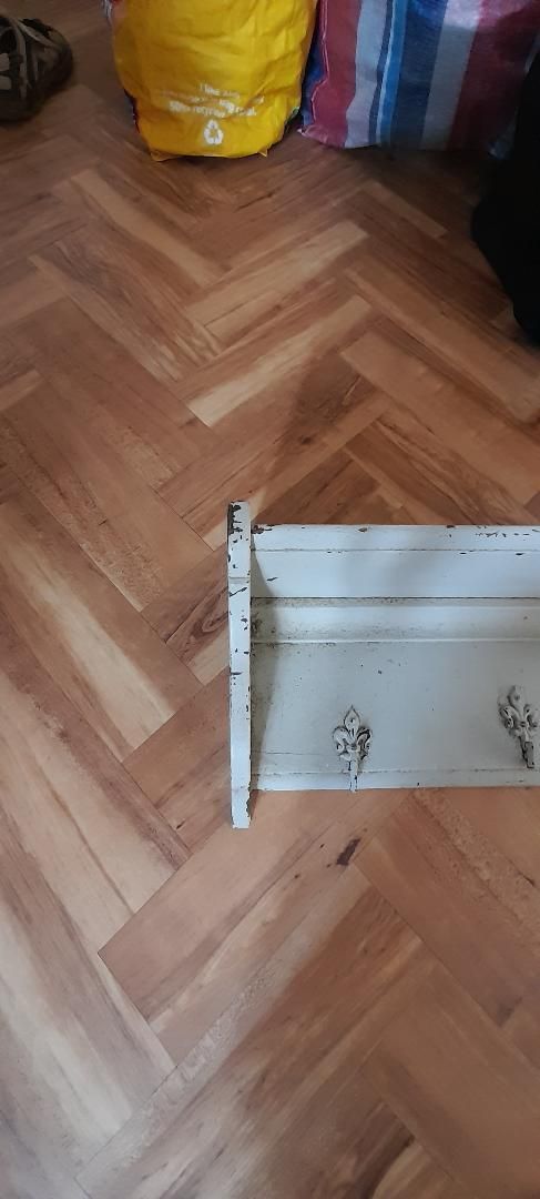 Vintage Solid Wood Wall Coat Rack Hat 7 Metal Hooks 121cmw Grey Green Gc photo Furniture